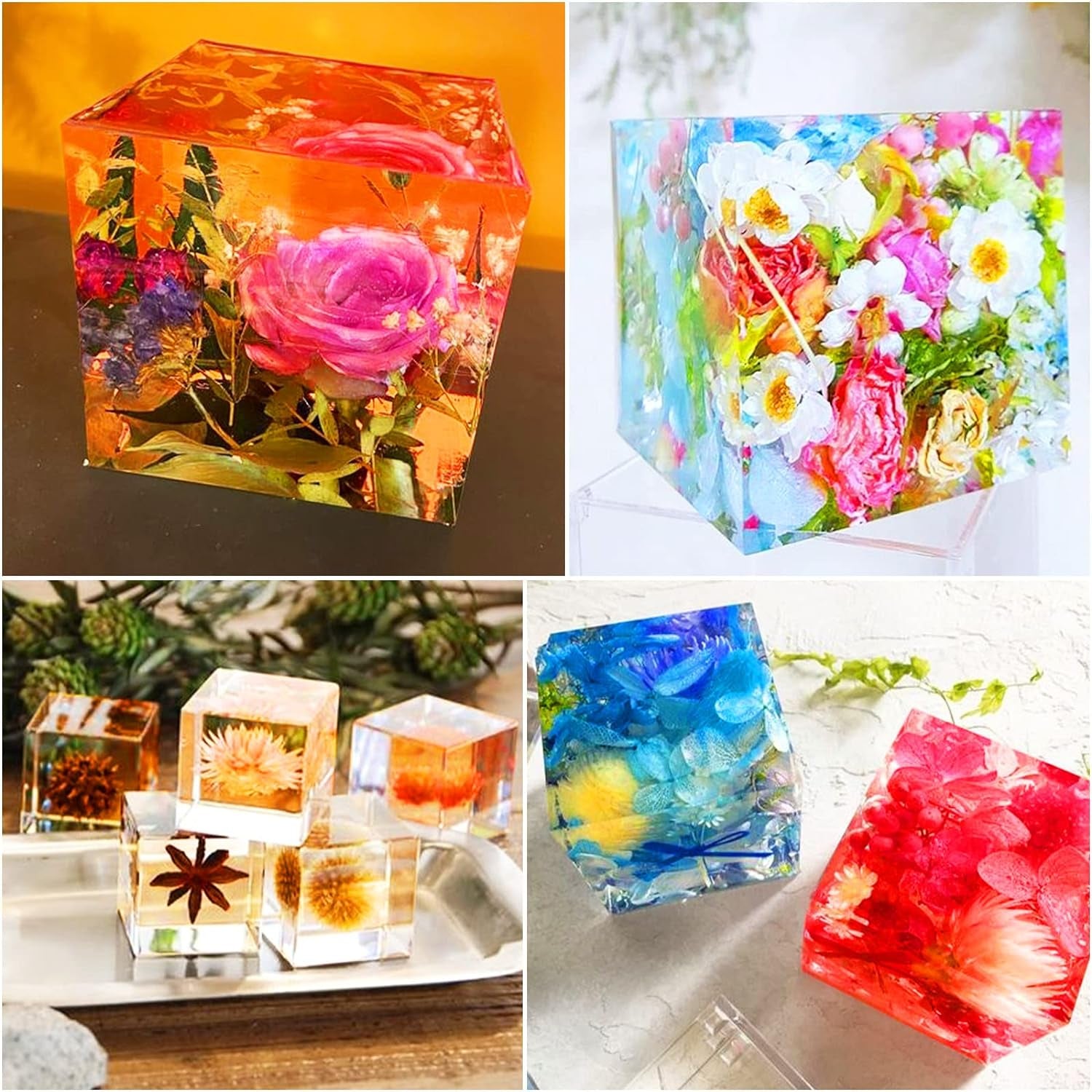 8Pcs Large Square Resin Molds Silicone, Upgraded Cube Silicone Molds for Resin Casting with Wooden Support, Square Epoxy Resin Molds for Home Decor, Flowers Preservation