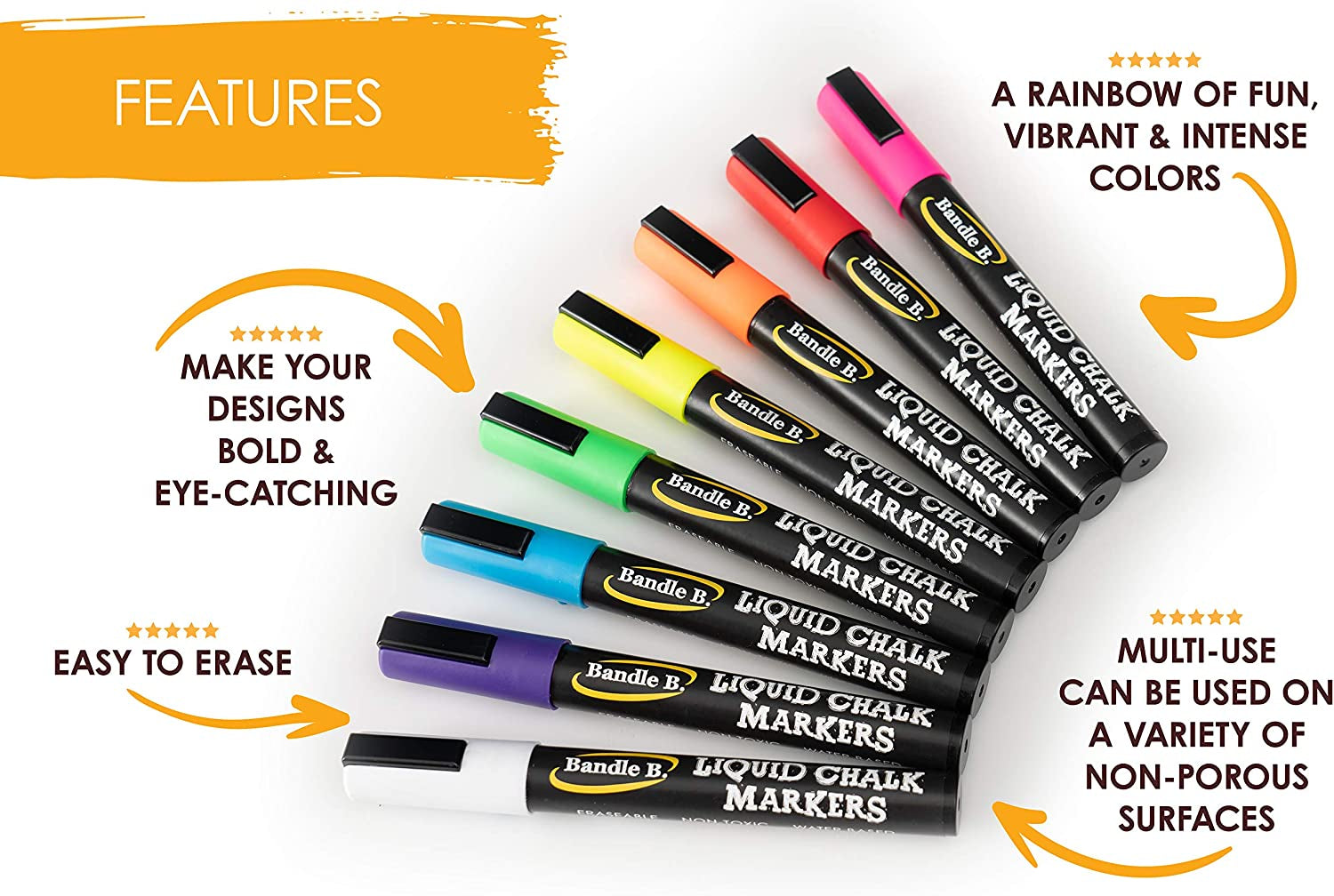 Chalk Markers - 8 Vibrant, Erasable, Non-Toxic, Water-Based, Reversible Tips, for Kids &amp; Adults for Glass or Chalkboard Markers for Businesses, Restaurants, Liquid Chalk Markers (Vibrant 6Mm)