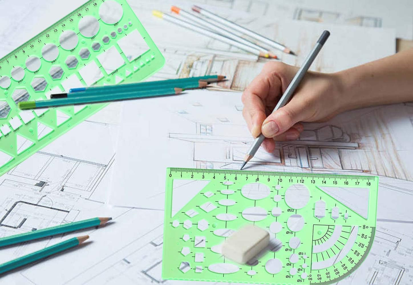 9 PCS Drawing Templates Plastic Rulers Multi-Function Measuring Rulers with French Curve Ruler,Geometric Drawings Templates Rulers Tool Set for Studying Designing and Building (Green)