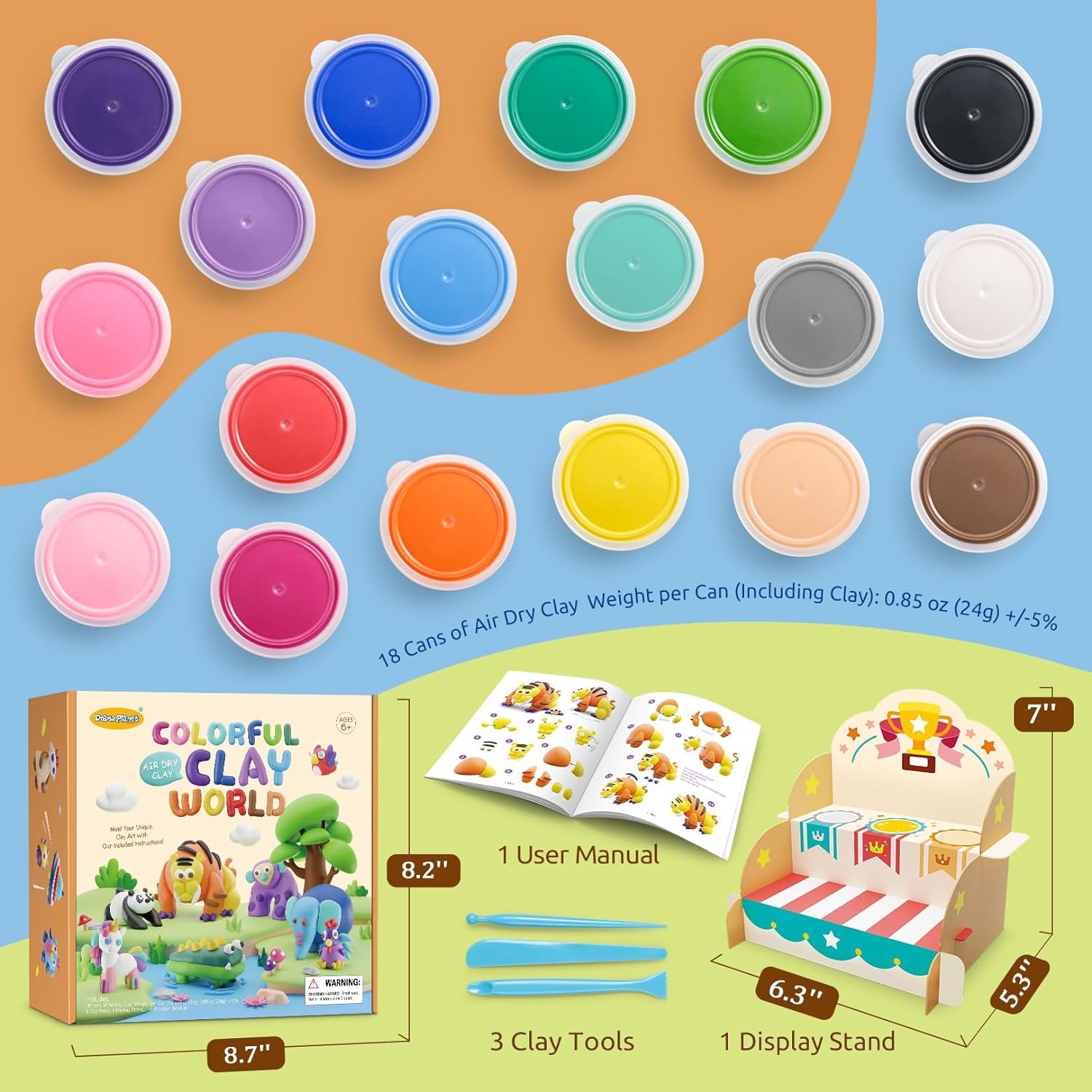 Air Dry Clay Kit for Kids - Comes with Instructional Guide Featuring 4 Scenes &amp; 26 Projects Tutorials, 18 Cans of Modeling Clay, Includes Display Stand, Gift for Girls and Boys
