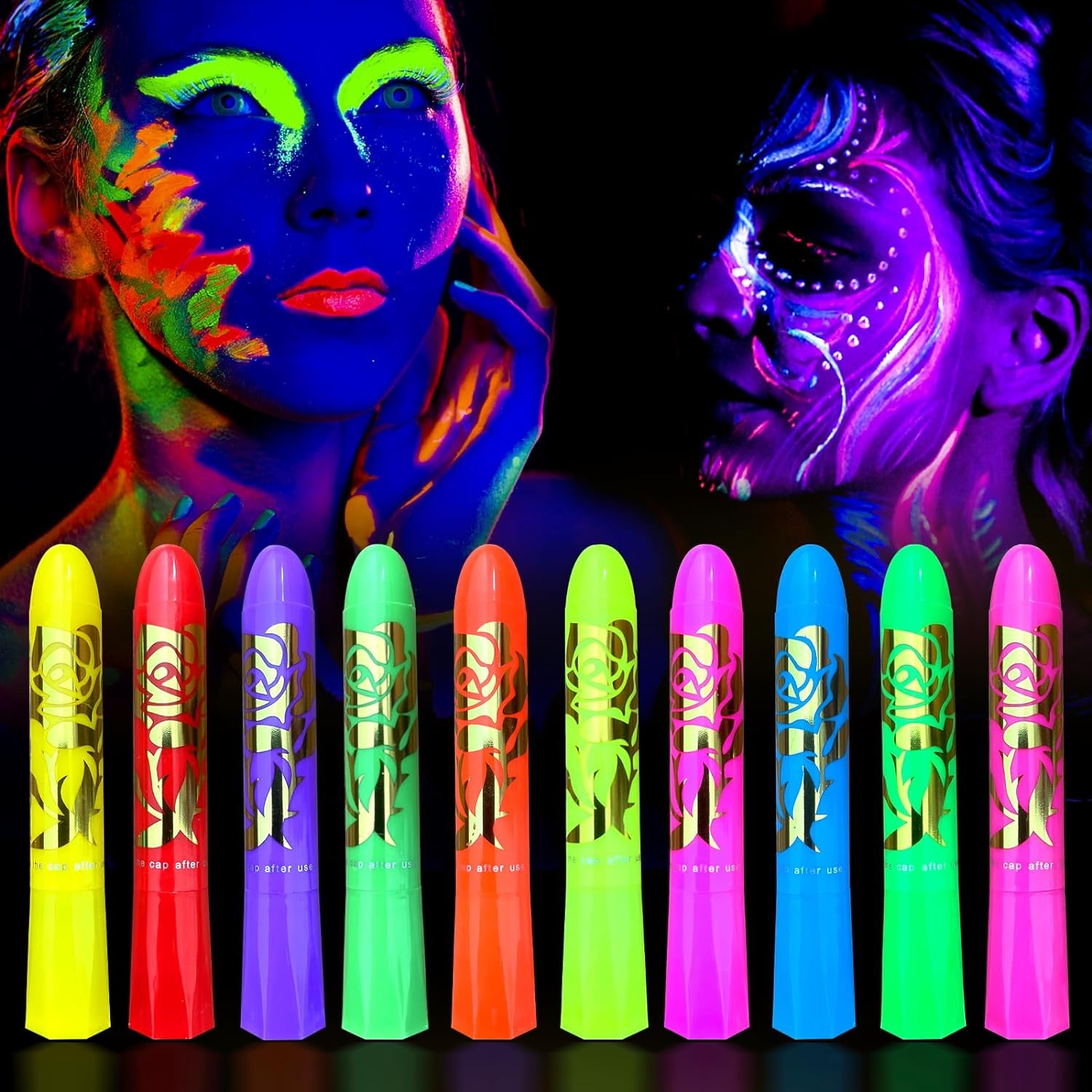 10 Color Glow in the Dark Face Paint,Uv and Black Light Neon Face and Body Painting Set Mardi Gras Halloween Masquerade Black Light Birthday Party Masquerade Party Supplies (10 COLORS)