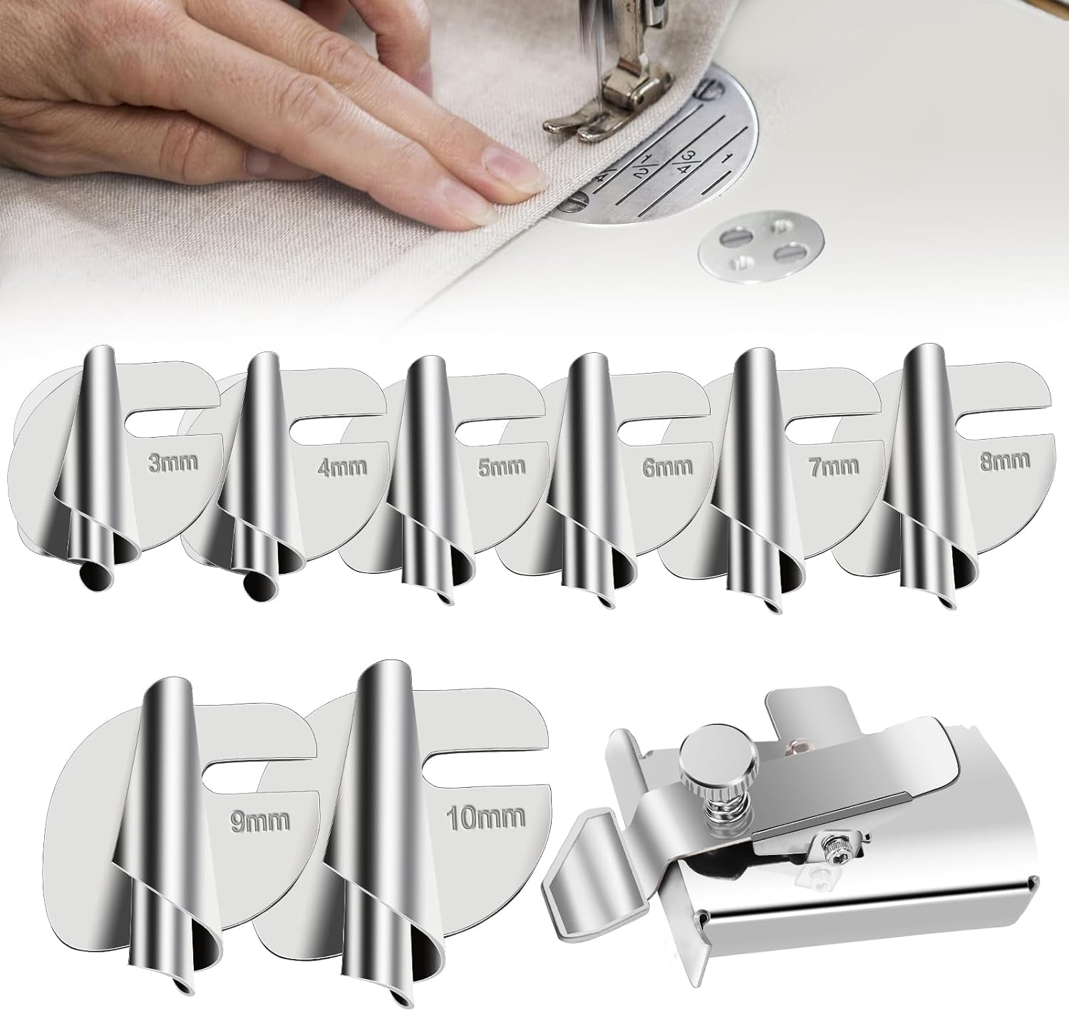 Sewing Rolled Hemmer Foot Set 8 Pcs (3/4/5/6/7/8/9/10 MM), 1 Pcs Sewing Magnetic Seam Guide, Rolled Hem Hammer Foot, Sewing Machine Tools & Accessories, Universal Sewing Machine Screws (3 Pcs)