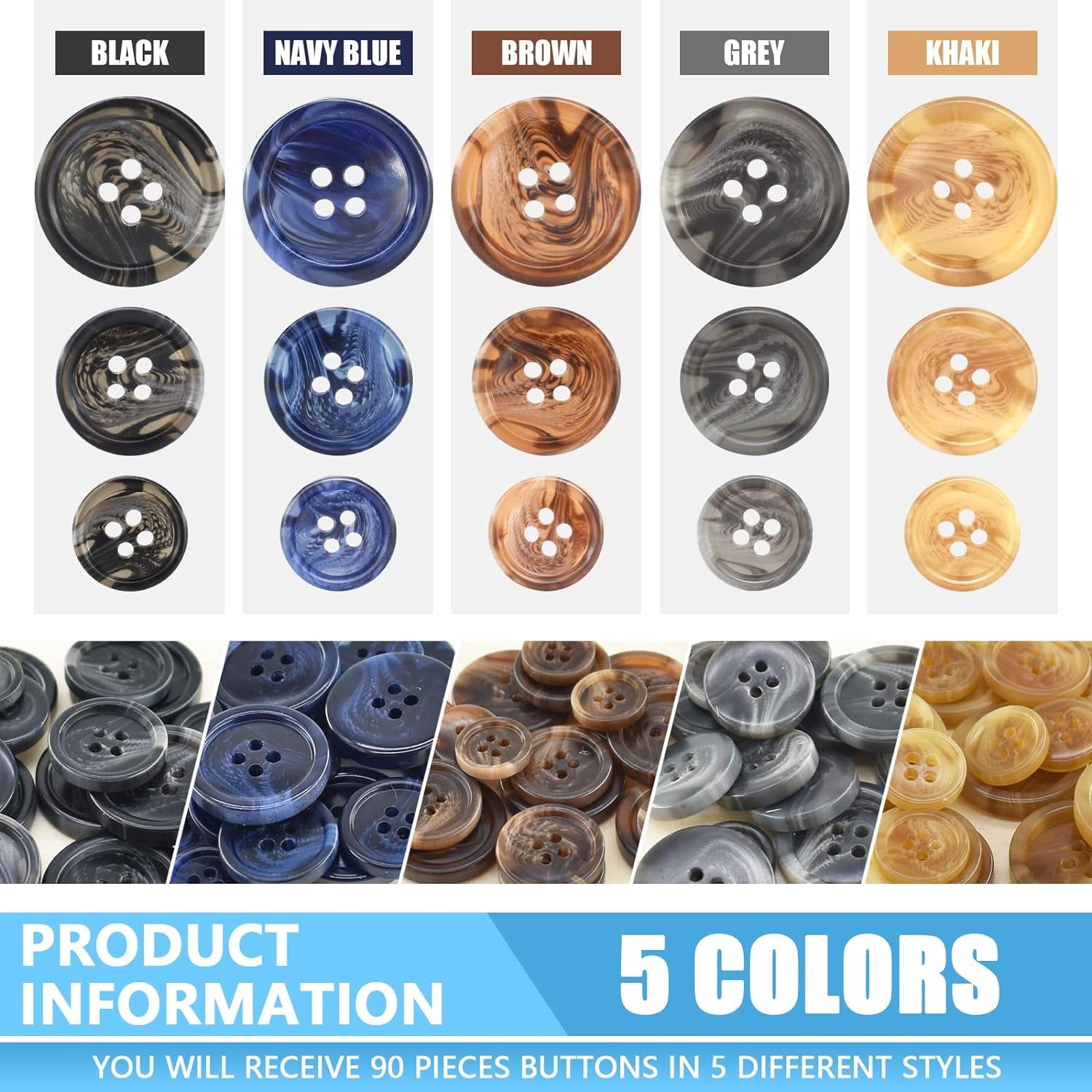 90Pcs Faux Buffalo Horn Suit Coats Buttons 5 Color 3 Sizes 15Mm, 20Mm, 25Mm Buttons Set for Suits, Sport Coat, Uniform, Jackets Sleeves and Pants (Royal Blue, Beige, Gray, Black, Coffee)