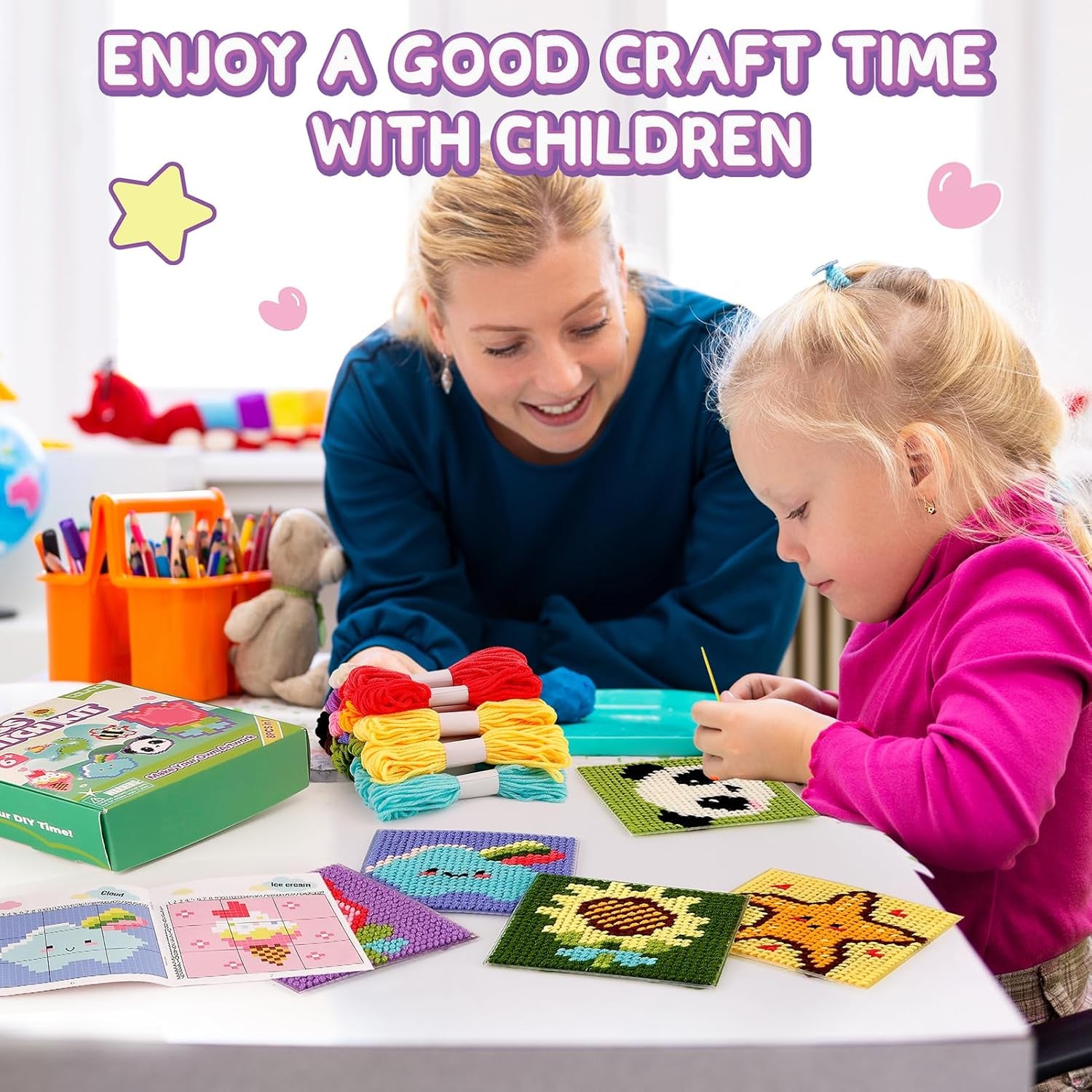 8-In-1 Cross Stitch Kit for Beginners Kids, Includes 8 PCS Plastic Canvas with Pre-Patterns, 13 Colors Threads, Instructions, Embroidery Needles for Beginners Sewing