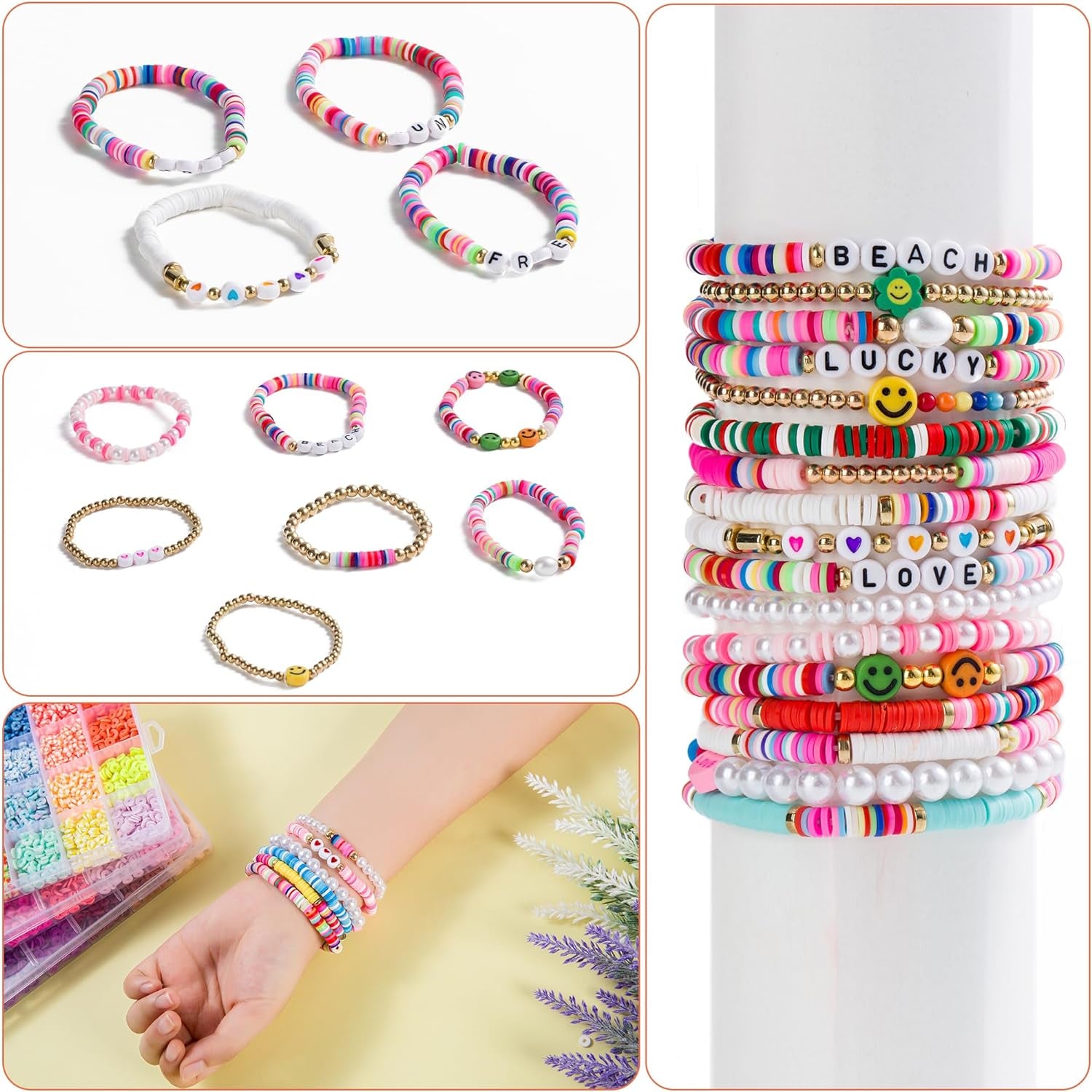 21600 Pcs Clay Beads Bracelet Making Kit, 144 Colors 6 Boxes Polymer Heishi Clay Beads for Jewelry Making, Flat round Beads with Letter Beads Charms Elastic String Gifts for Kids Ages 6+