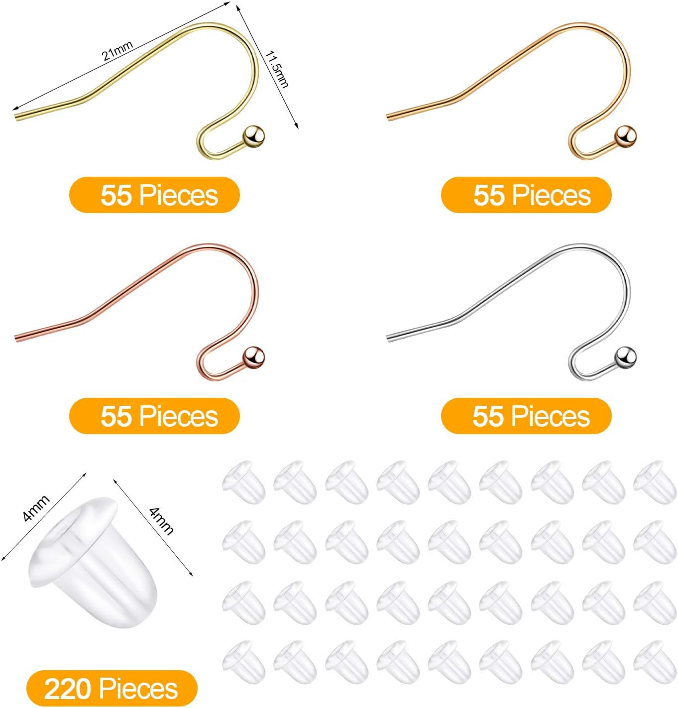 220 Pieces French Earring Hooks Ear Wire Ball Dots in Silver with 220 Pieces Clear Earring Backs Kit for Jewelry Making Bag Gift (Gold,Silver,Rose Gold,Bronze)