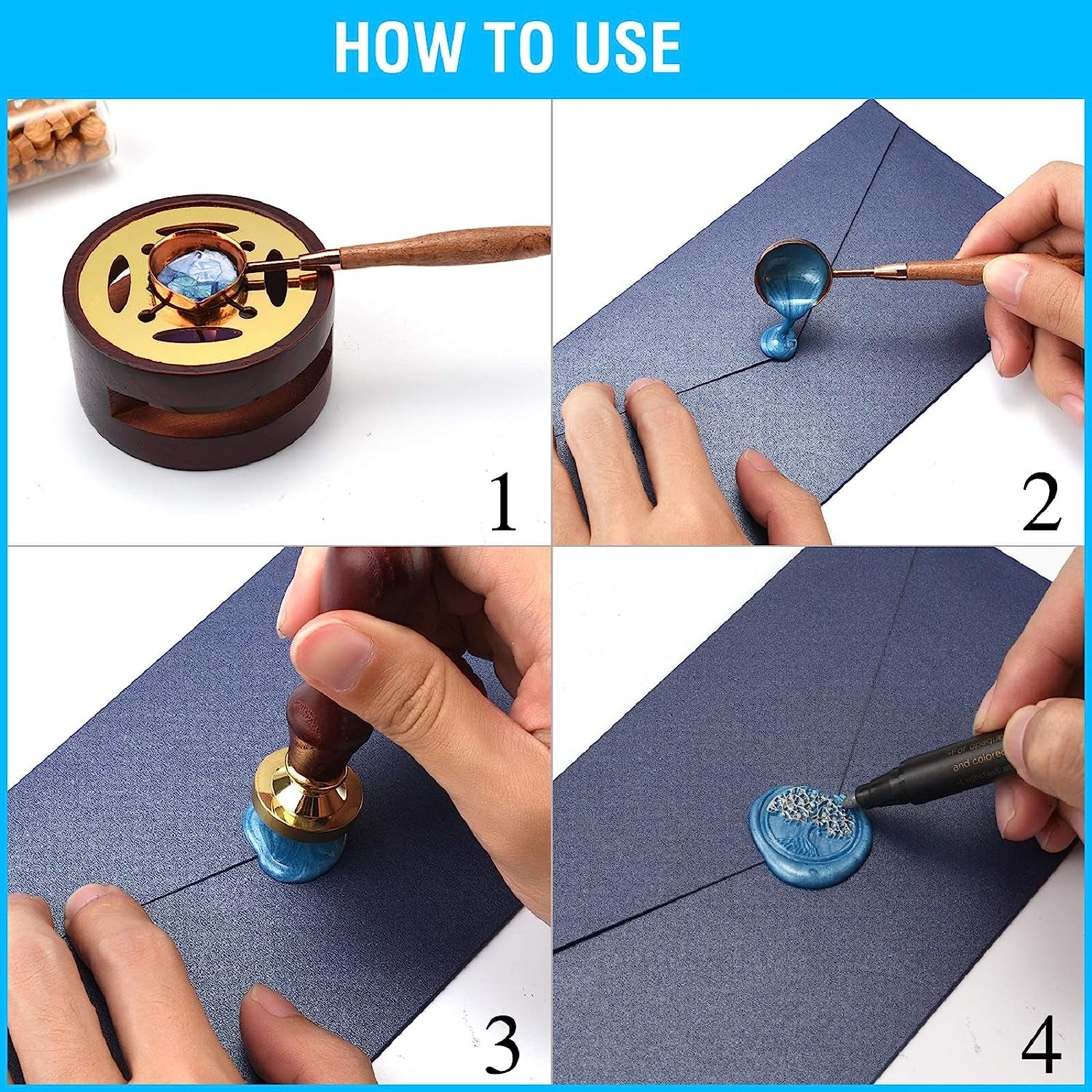Wax Seal Stamp Kit with Gift Box, 24 Colors and 624 Pcs Wax Seal Beads with Wax Seal Stamp, Sealing Wax Warmer, Wax Seal Metallic Pen and Envelope, Wax Seal Kit for Gift and Decoration