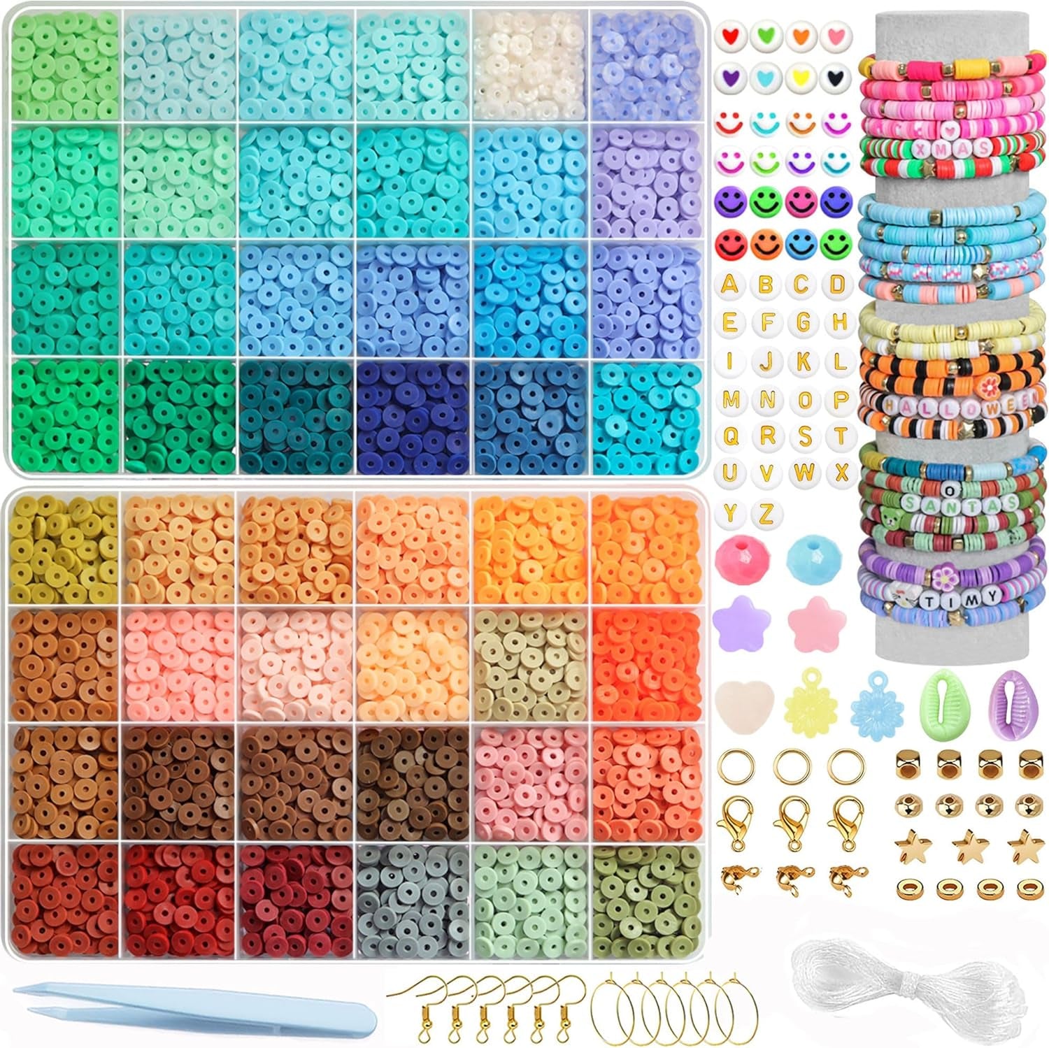 4300+ Clay Beads Bracelet Making Kit,24 Colors Flat Preppy Beads for Friendship Bracelets,Polymer Heishi Beads with Charms,Gifts Crafts Set for Girls 8-12