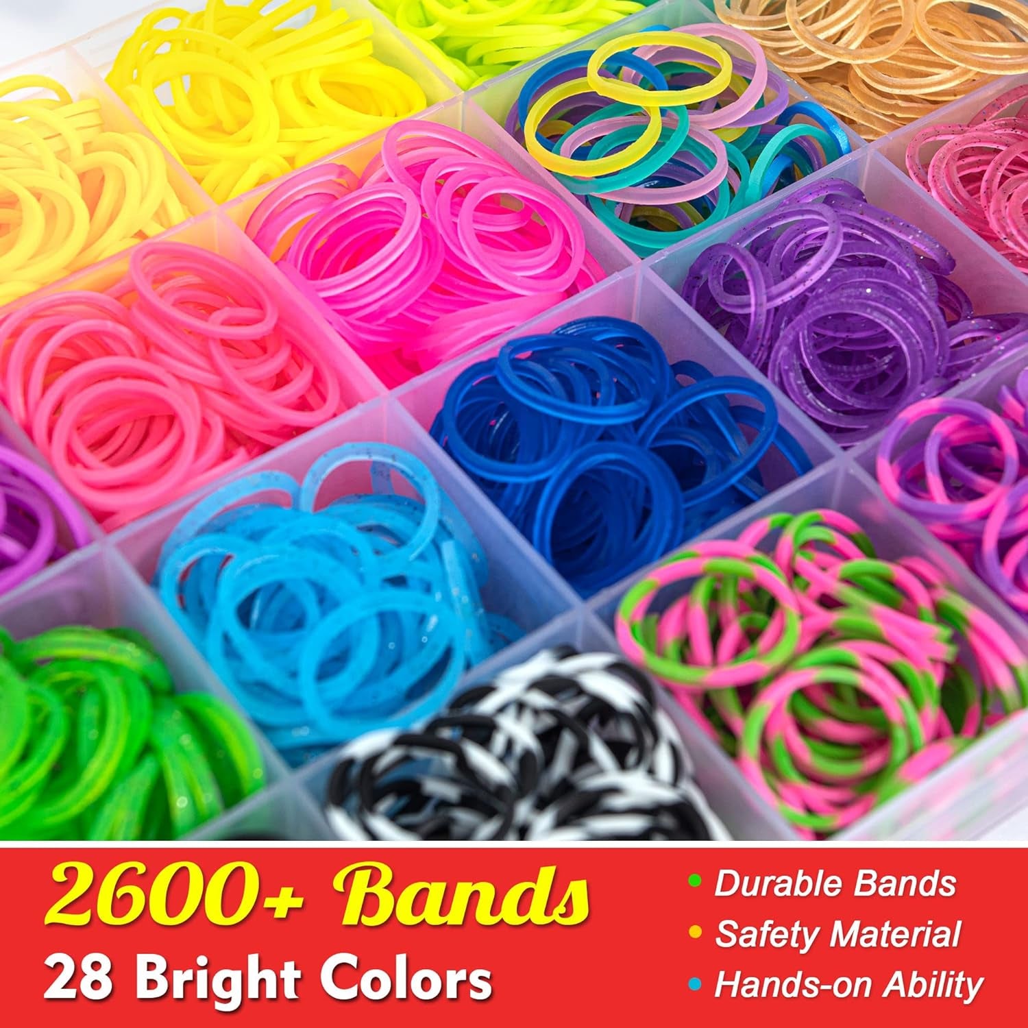 2600+ Loom Bands Set: Colorful Rubber Bands in 28 Colors with Container, 100 Clips, 152 Beads, 20 Pendant, 5 Backpack Hooks, 1 Instruction, Bracelet Making Refill Kit for Kids…