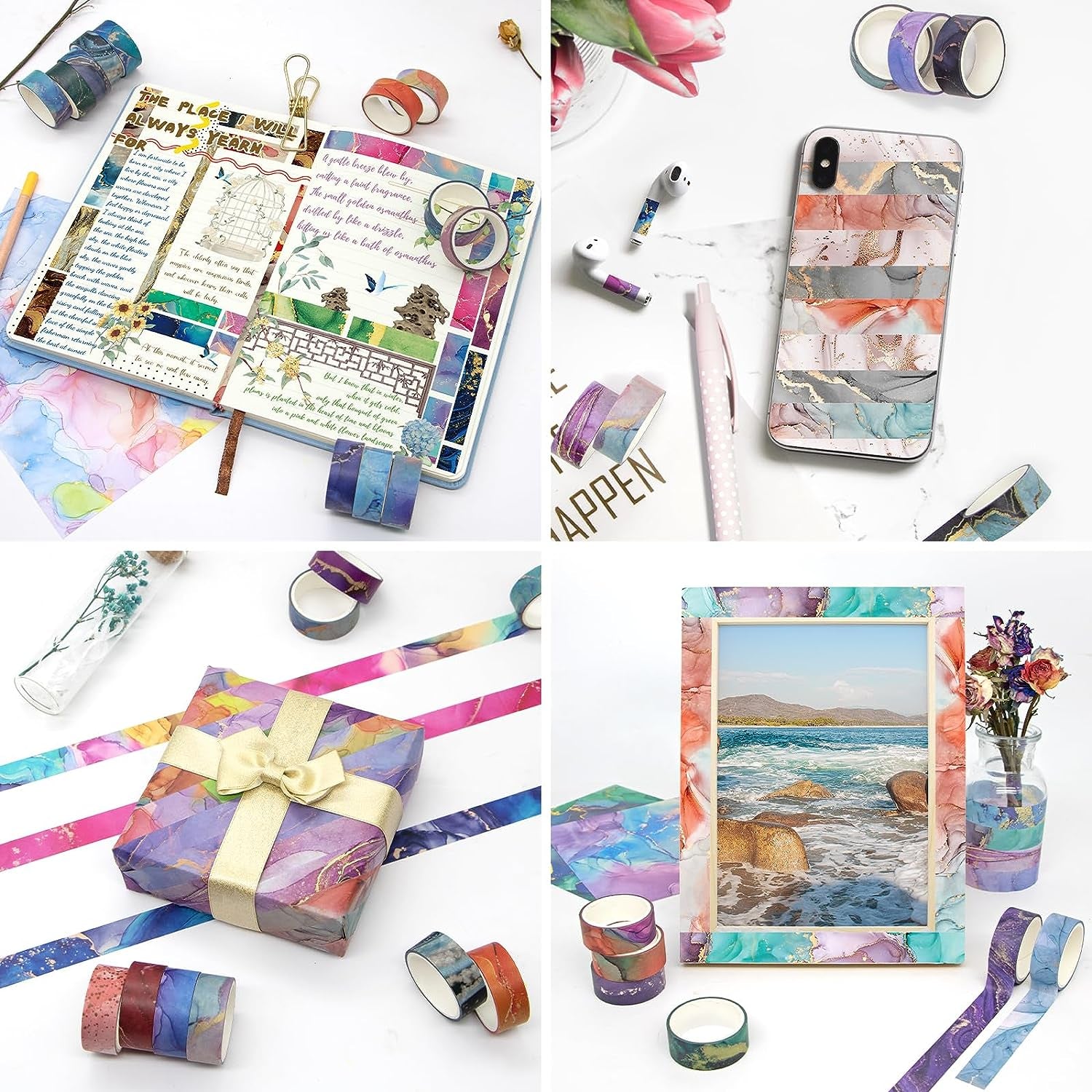 48 Rolls Washi Tape Set - Decorative Masking Tape Colored Marbling Patterns, Adhesive Artists Tapes for Journaling Supplies, DIY Crafts, Scrapbooking, Junk Journal Supplies, School Supplies