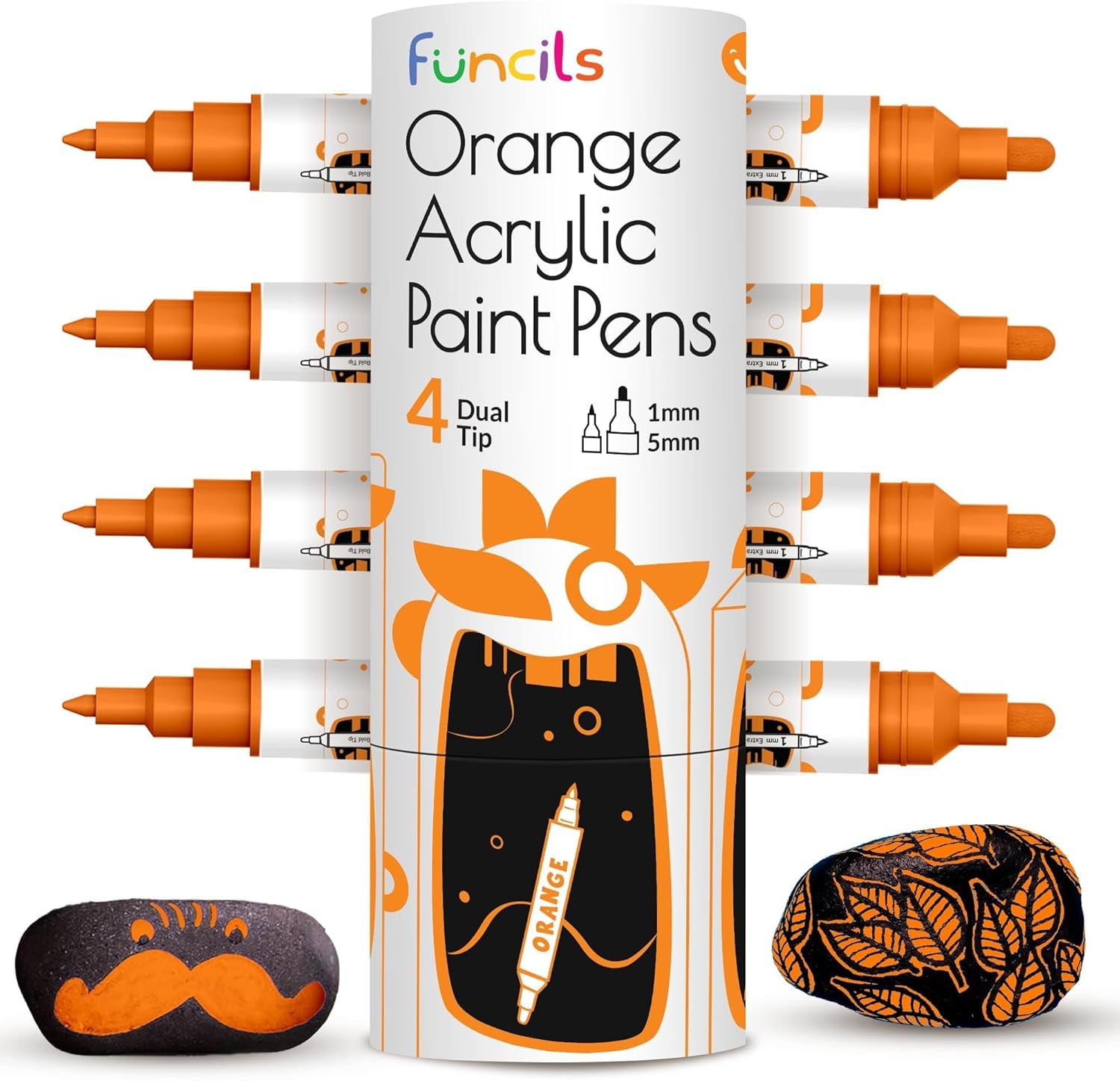 4 Dual Tip Acrylic Paint Pens - Fine Tip &amp; Medium, Permanent &amp; Waterproof - Acrylic Paint Markers for Rock Painting, Canvas, Wood, Ceramic, Glass, Fabric, Metal - White, Black, Gold &amp; Silver