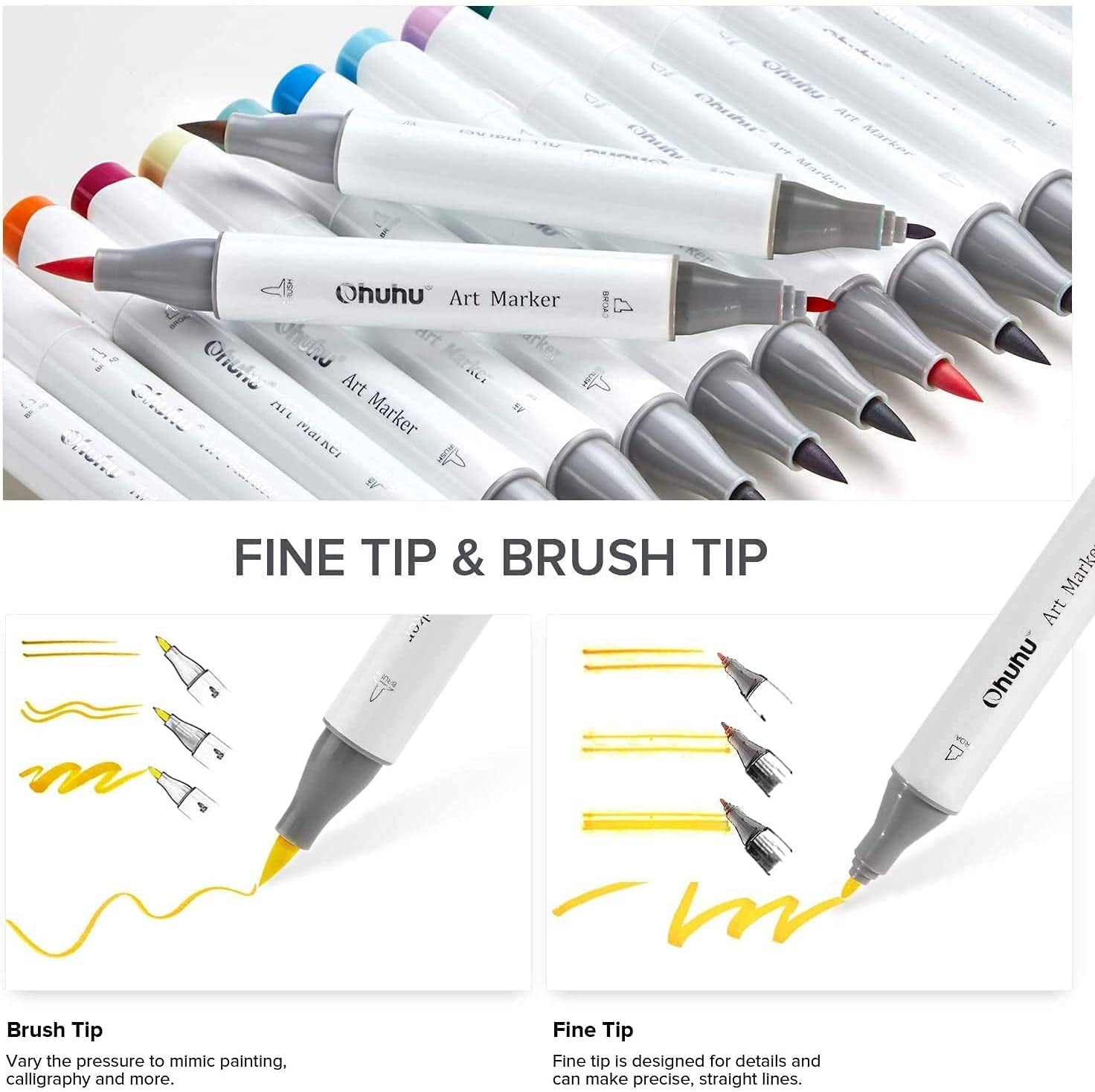 Alcohol Markers Brush Tip, Double Tipped Alcohol Based Art Marker Set for Kids Artist Sketching Adult Coloring Illustration - 24 Basic Colors W/ 1 Colorless Blender - Brush & Fine - Honolulu B