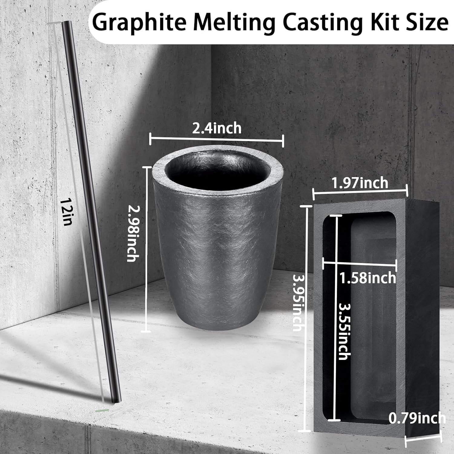 5 Pieces Crucible Metal Melting Kit, Including 2 Clay Graphite Crucible for Gold Melting Metal, 2 Graphite Stir Rod Stick, 1 Graphite Torch Smelting Casting Ingot Mold