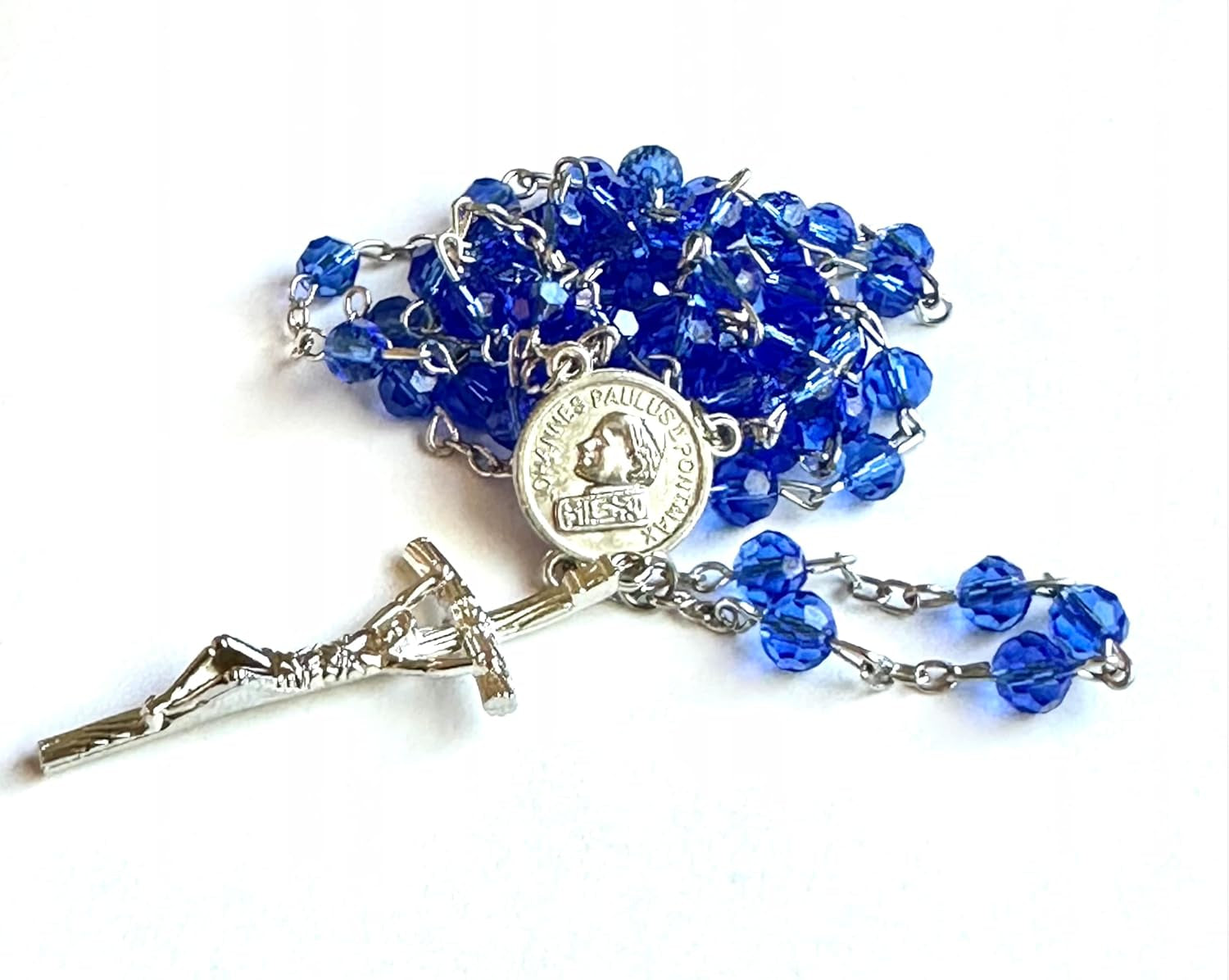 Made in Italy Blue Rosary Blessed by Pope Francis Vatican Rome Holy Father Crystal Glass Beads with Silver Toned Base Papal Cross Crucifix Blessing