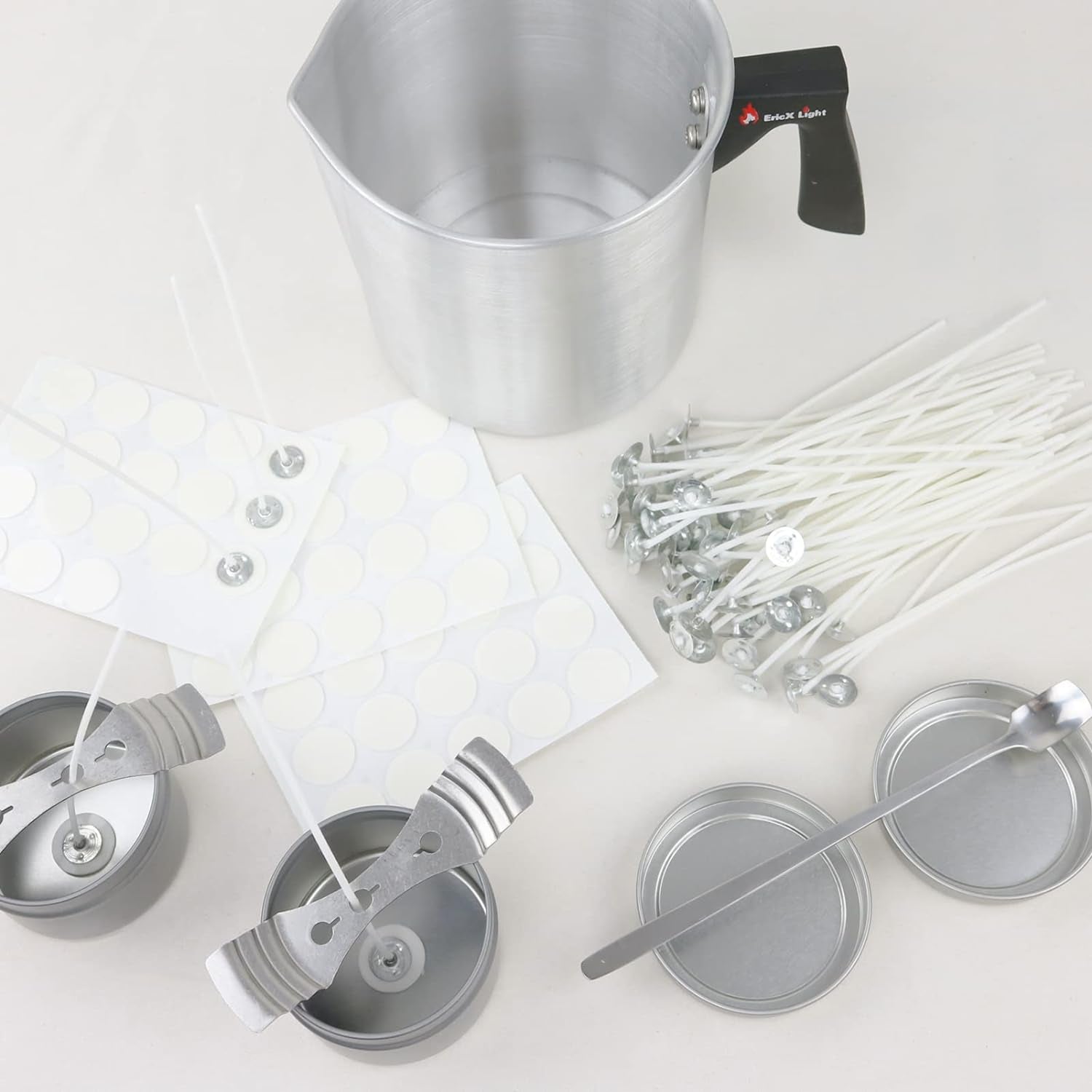 Candle Making Kit, 60Pcs Candle Wicks, 60Pcs Candle Wicks Sticker, 1Pc Candle Wax Pouring Pot, 2Pcs 3-Hole Wicks Centering Devices, 1Pc Mixing Spoon, DIY Candles Craft Tools