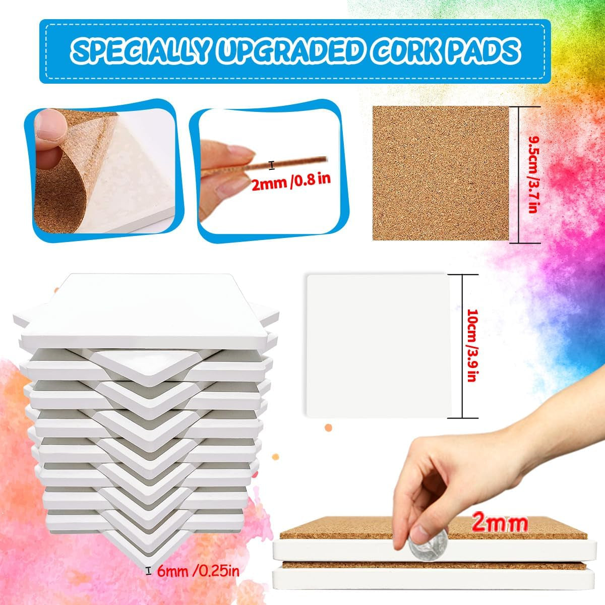 Strong Packaging! 60 PCS Square Unglazed Ceramic Tiles for Crafts Coasters with 60 PCS 2Mm Self Adhesive Cork Squares,White Tiles 4X4 for Crafts Ceramic