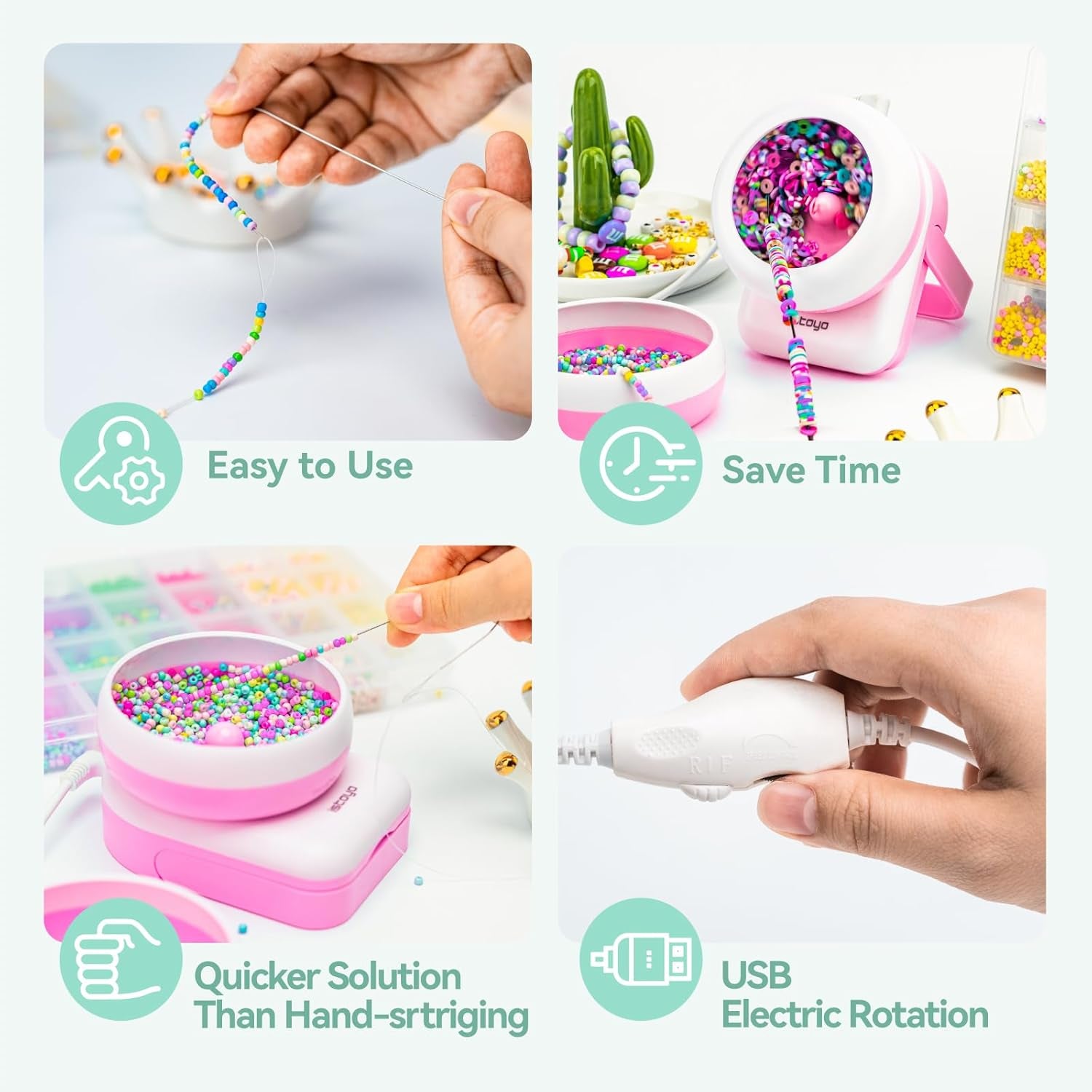 2IN1 Adjustable Electric Clay and Seed Bead Spinner - Dual-Purpose Jewelry Making Tool with Big Eye Beading Needle - Ideal for Bracelets and Necklaces - Vibrant Pink