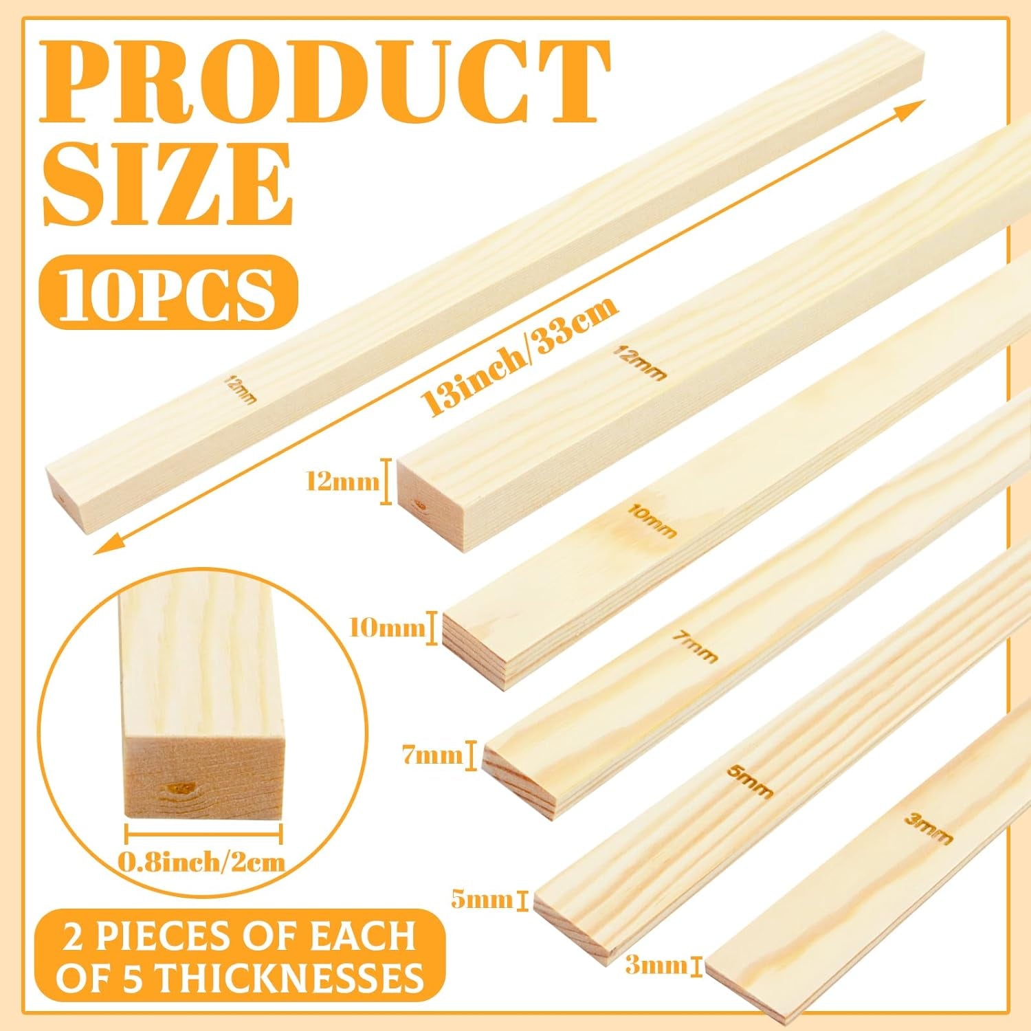 10 Pieces 5 Size Rolling Mud Stick Guide, Clay Rolling Pin Guides, Wooden Slab Roller Guides for Clay, Pottery Tools Clay Tools for Pottery Teaching, Polymer Clay Thickness 3, 5, 7, 10, 12 Mm