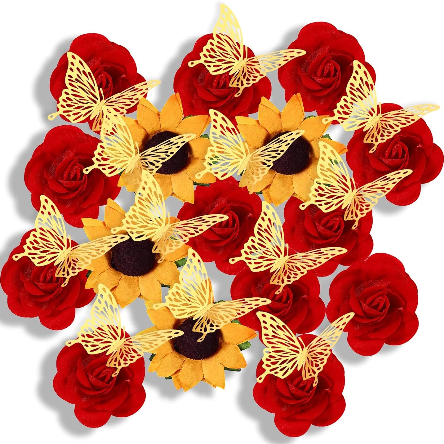 30 Pcs Stick Flat Back Roses Floral Stickers Adhesive Backed Roses Yellow Sunflower Heads 3D Butterfly Stickers for Graduation Cap Decoration Home Decor Craft Art Decor