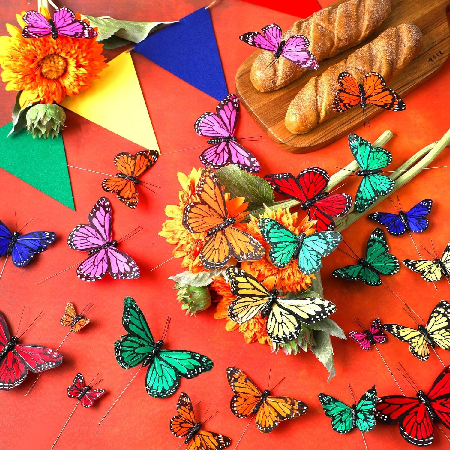 72 Pcs Monarch Butterfly Decorations Butterflies for Crafts 4 Size Artificial Feather Butterfly Decor on Picks Butterflies for Halloween Crafts Fake Butterflies with Wire Wall Decor (Cute Color)