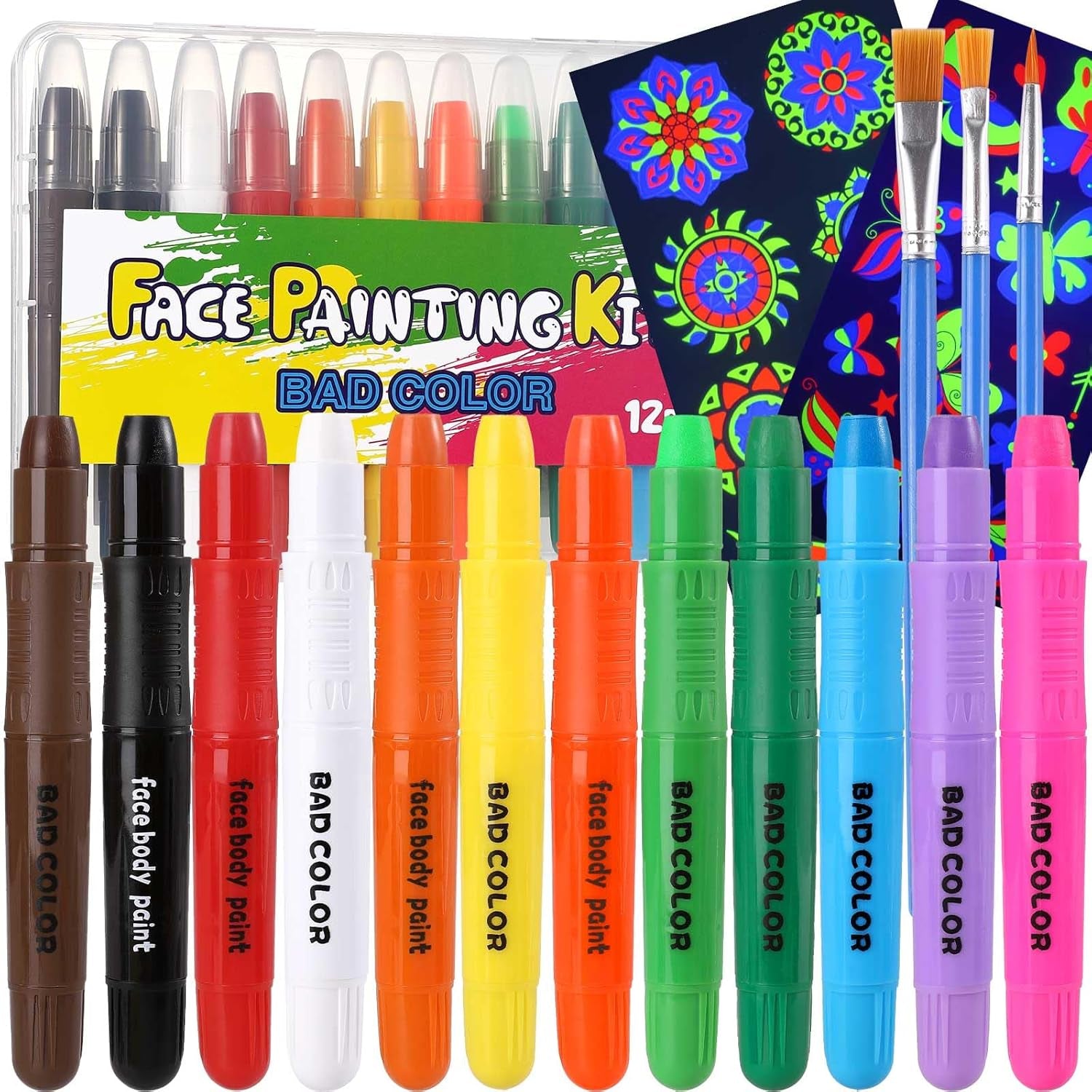 Face Painting Kits for Kids, 12 Colors Twistable Face Paint Sticks, 3 Type Brushes, Water Based Washable Face Paint Crayons Kit for Halloween Cosplay Makeup Body Paints for Children Adult