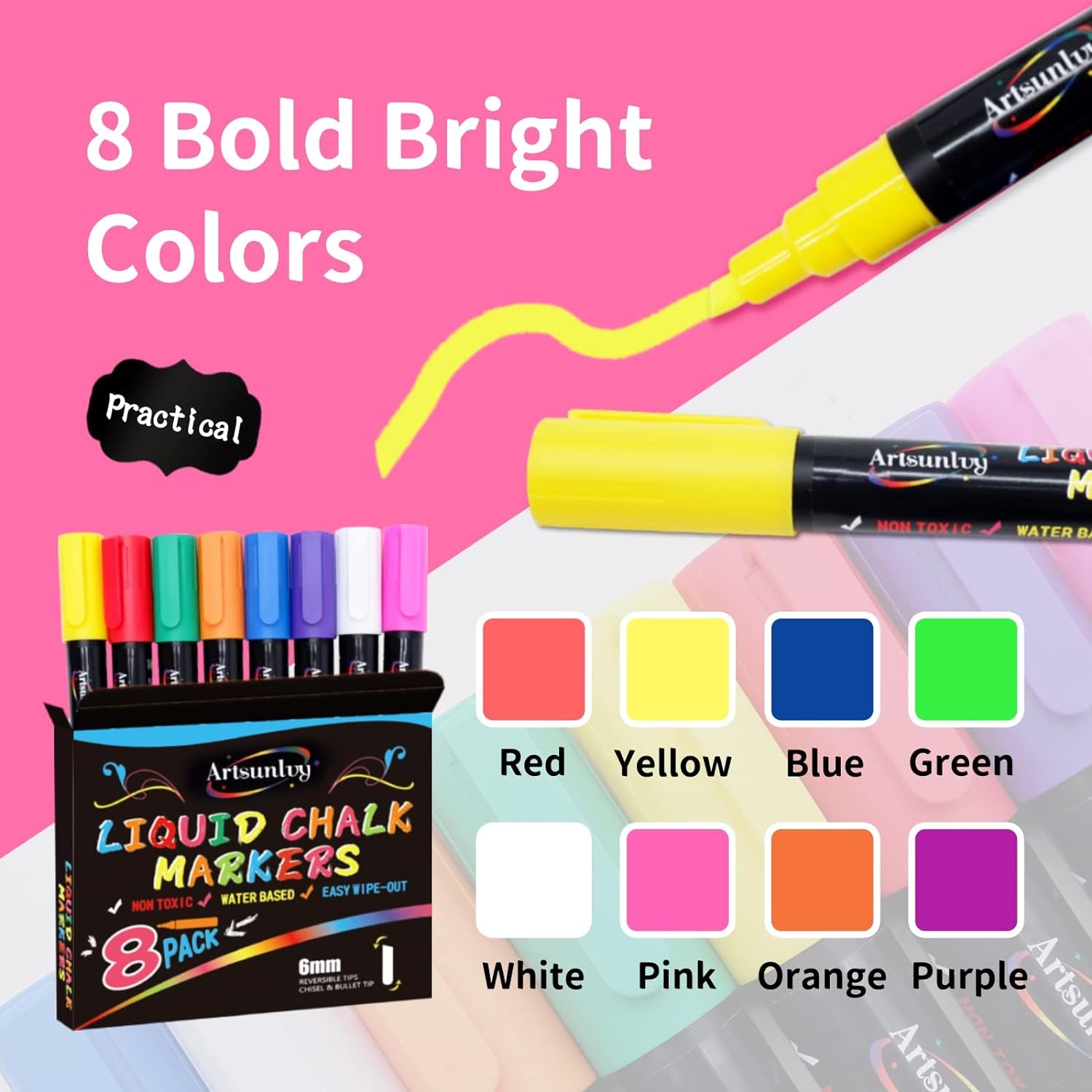 8 Colors Chalk Markers,Chalk Pens,Erasable, Non-Toxic, Water-Based, Reversible Tips, Chalkboard Markers For,Signs, Car Windows, Blackboard,Dry Erase