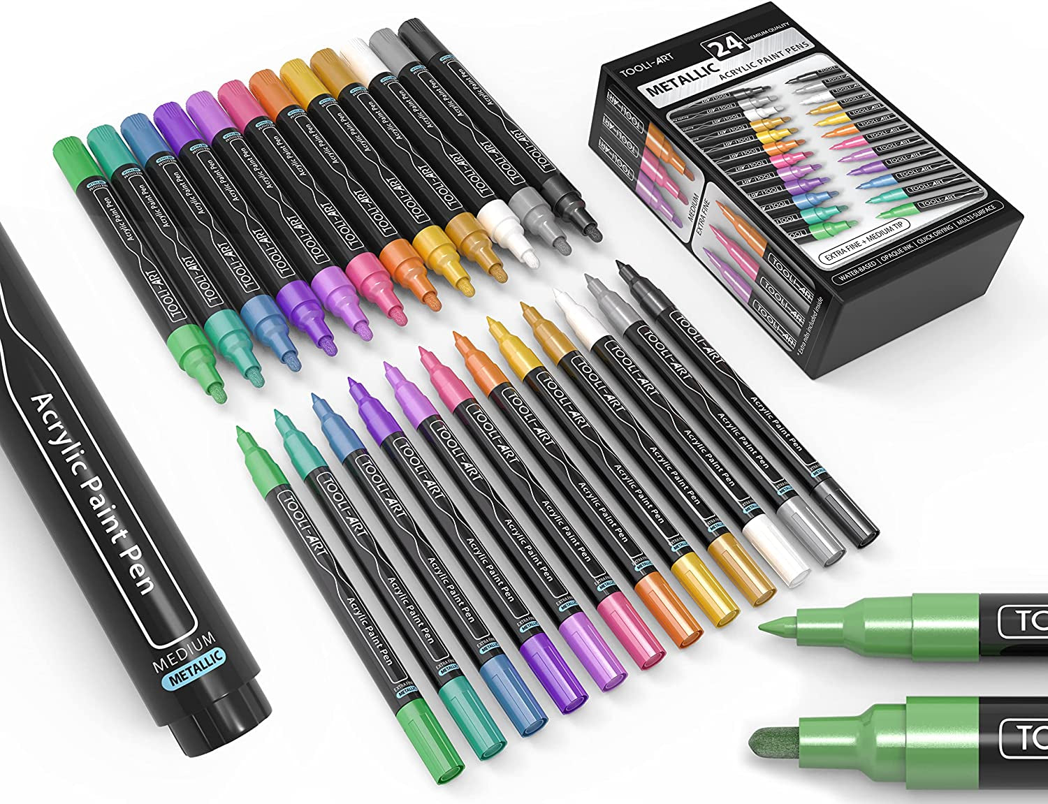 24 Metallic Acrylic Paint Pens Markers Set 0.7Mm Extra Fine and 3.0Mm Medium Tip Combo for Rock Painting, Pebbles, Canvas, Glass, Mugs, Journals, Most Surfaces. Non-Toxic, Waterbased, Quick Drying