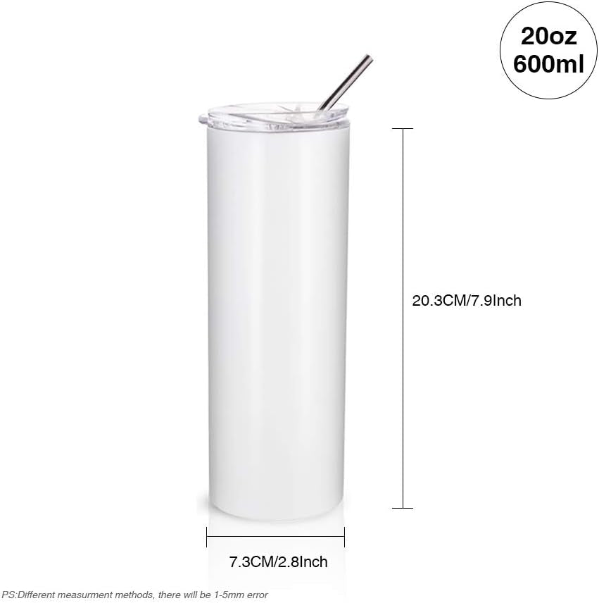 2 PCS Sublimation Blanks Skinny Tumbler White 20 OZ Straight Double Wall Stainless Steel Tumbler with Metal Straw Tumbler Cups for Tumbler Heat Press Machine Heat Transfer