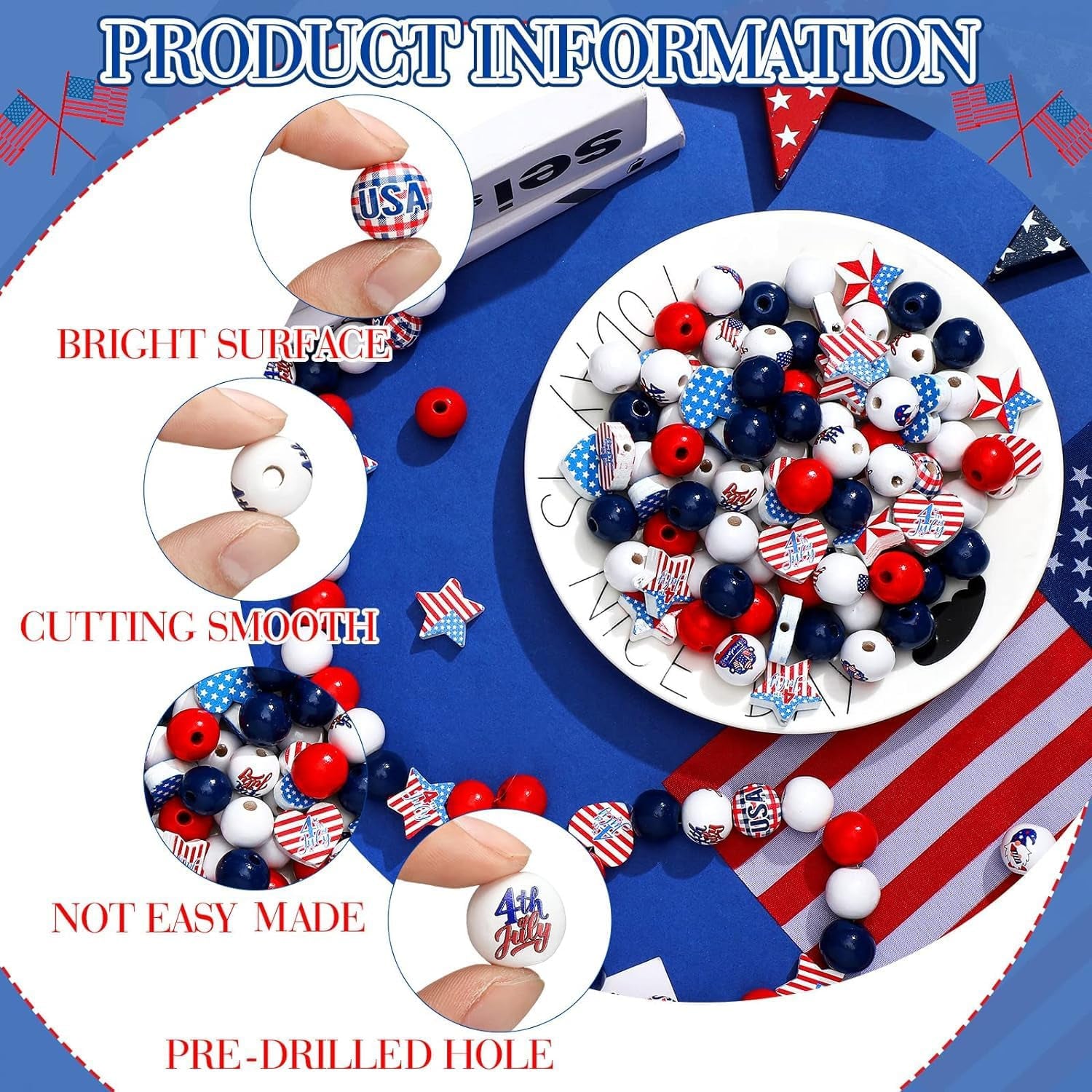 200 Pcs 4Th of July Wood Beads Patriotic Independence Day Wooden Beads America Flag Star Heart round Blue Red Beads Us Memorial Day Beads for DIY Jewelry Garland Necklaces Tiered Tray Decor