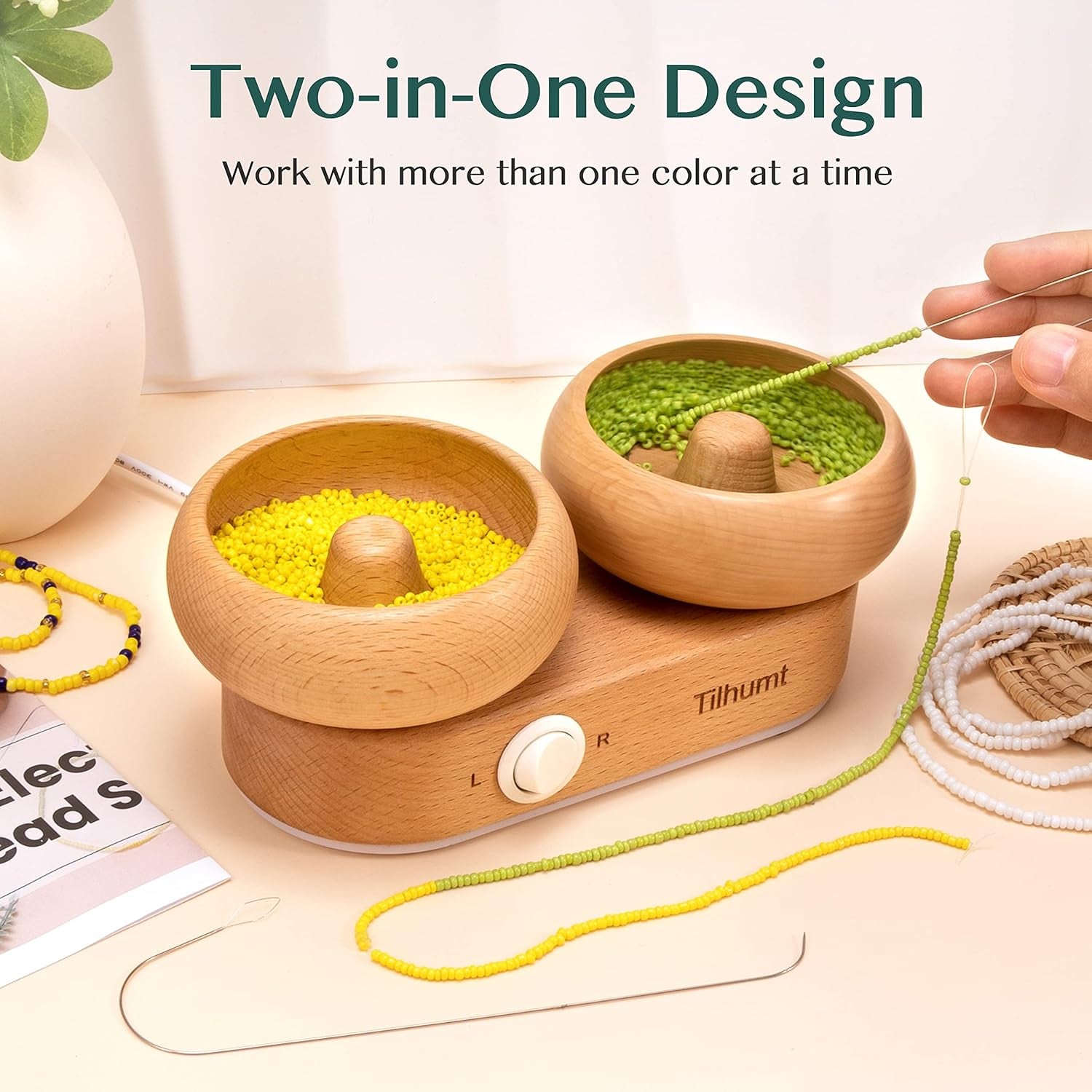 Electric Bead Spinner with 2 Bowls, Wooden Bead Spinner for Jewelry Making, Stepless Speed & Forward/Reverse Direction, Suitable for Seed Beads Clay Beads Pony Beads, Patent Design