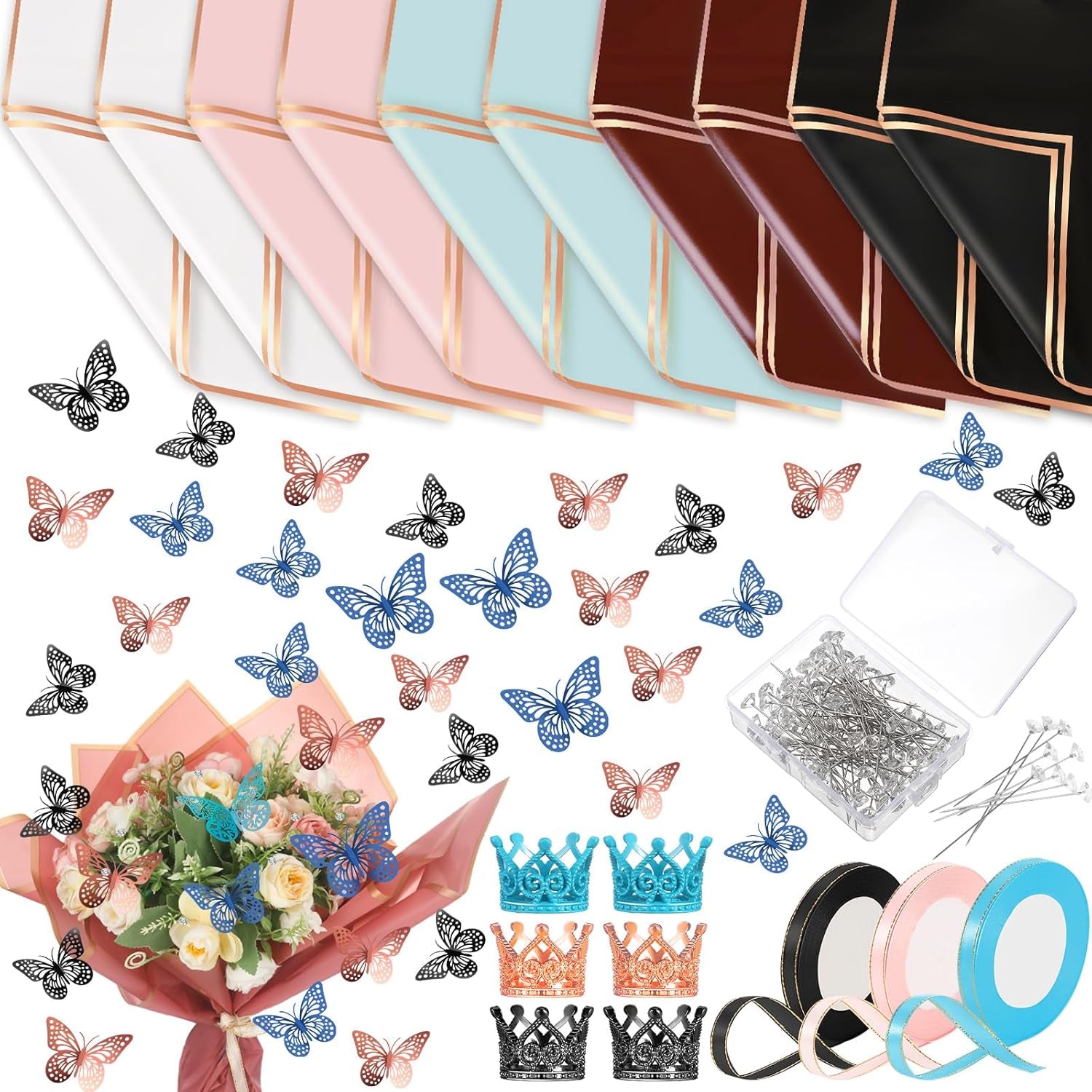 243 Pcs Flower Bouquet Wrapping Paper Waterproof Floral Wrapping Paper Florist Supplies with Butterfly Decoration Crowns Ribbons Bouquet Pin Glue for DIY Craft (Elegant Color)