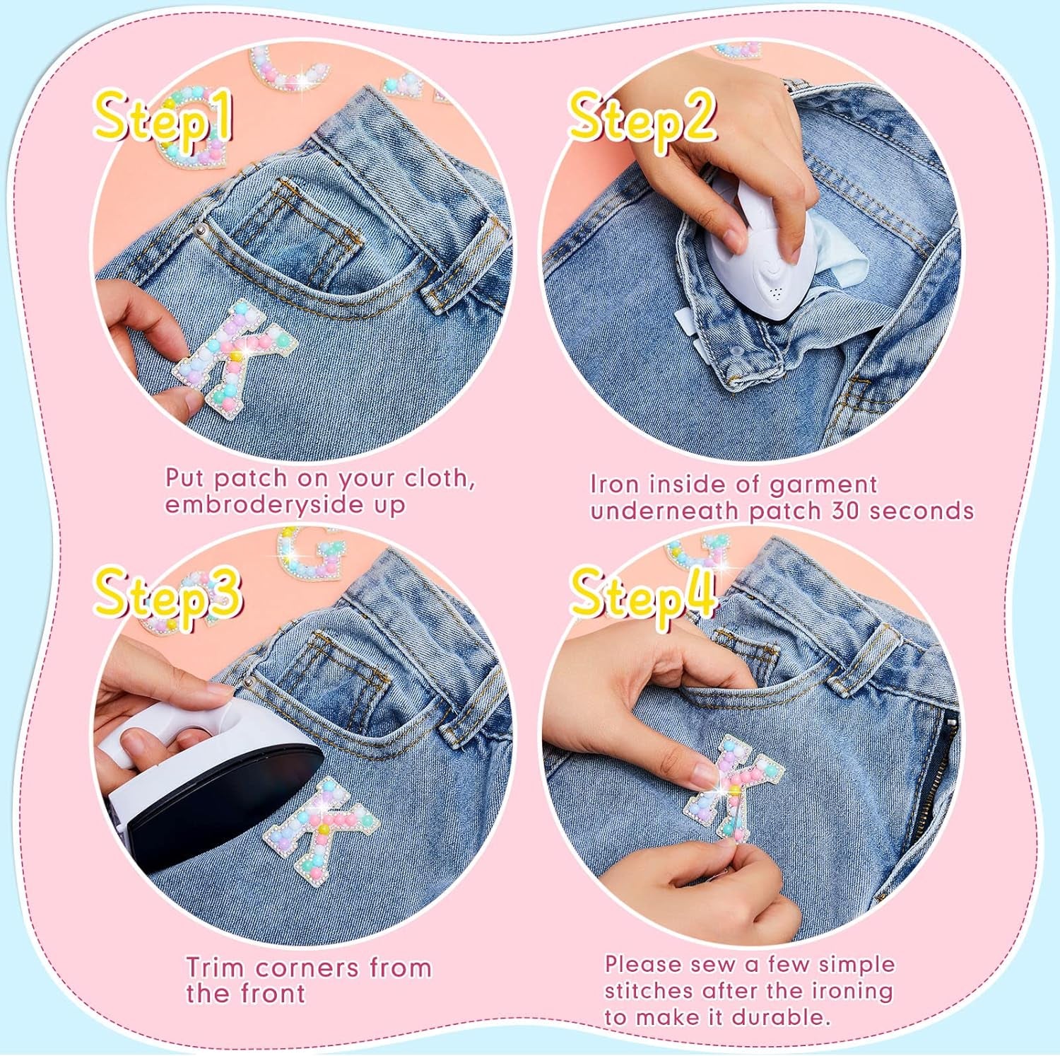 104 Pcs Pearls Rhinestone English Patches A-Z Glitter Pearl Sew on Patches Iron on Letters for Clothing Alphabet Applique Pearl Beaded Letter Patches for DIY Crafts Clothes, 4 Styles