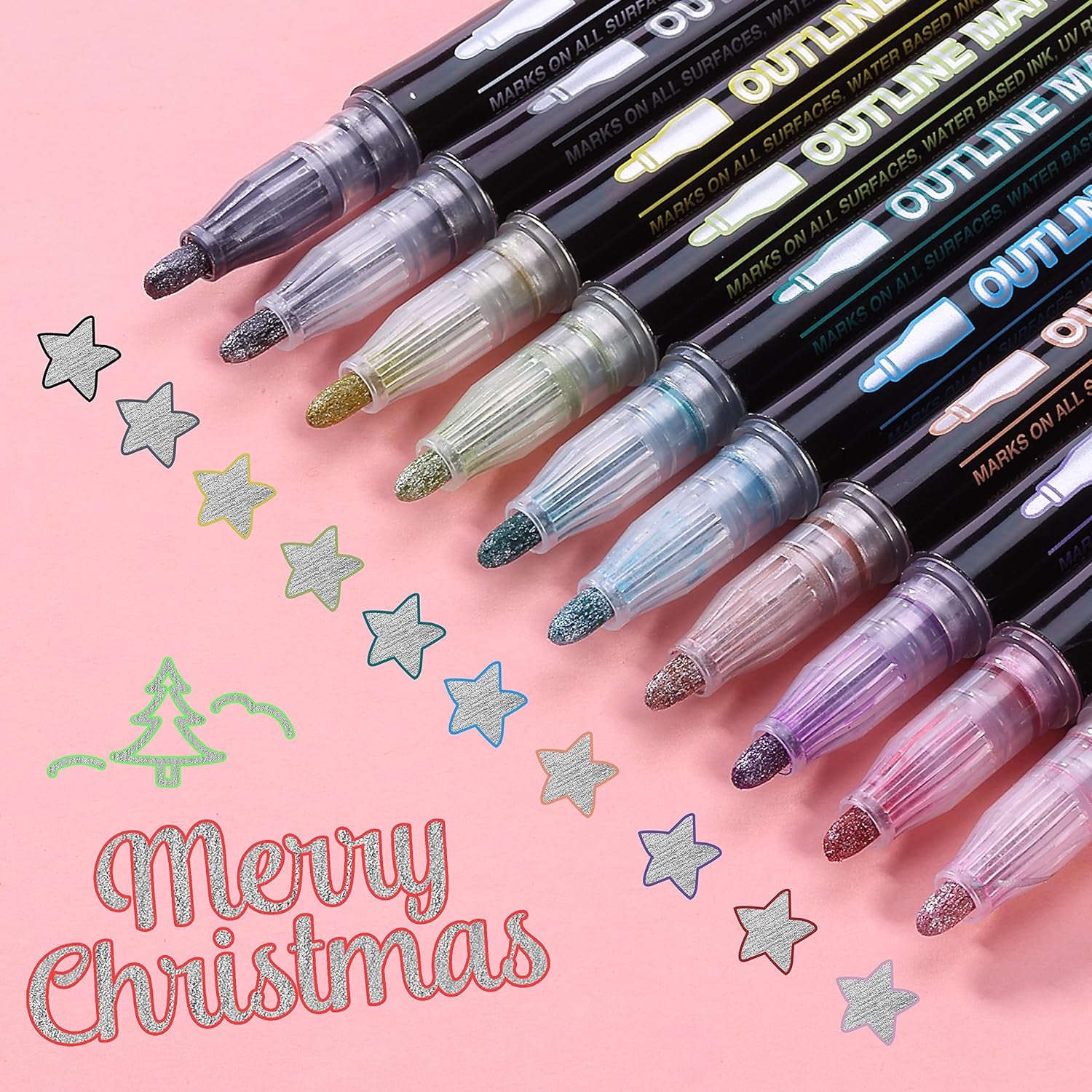 - Double Line Outline Markers, 10 Colors, Shimmer Markers, Self-Outline Metallic Markers, Outline Pens, Craft Pens