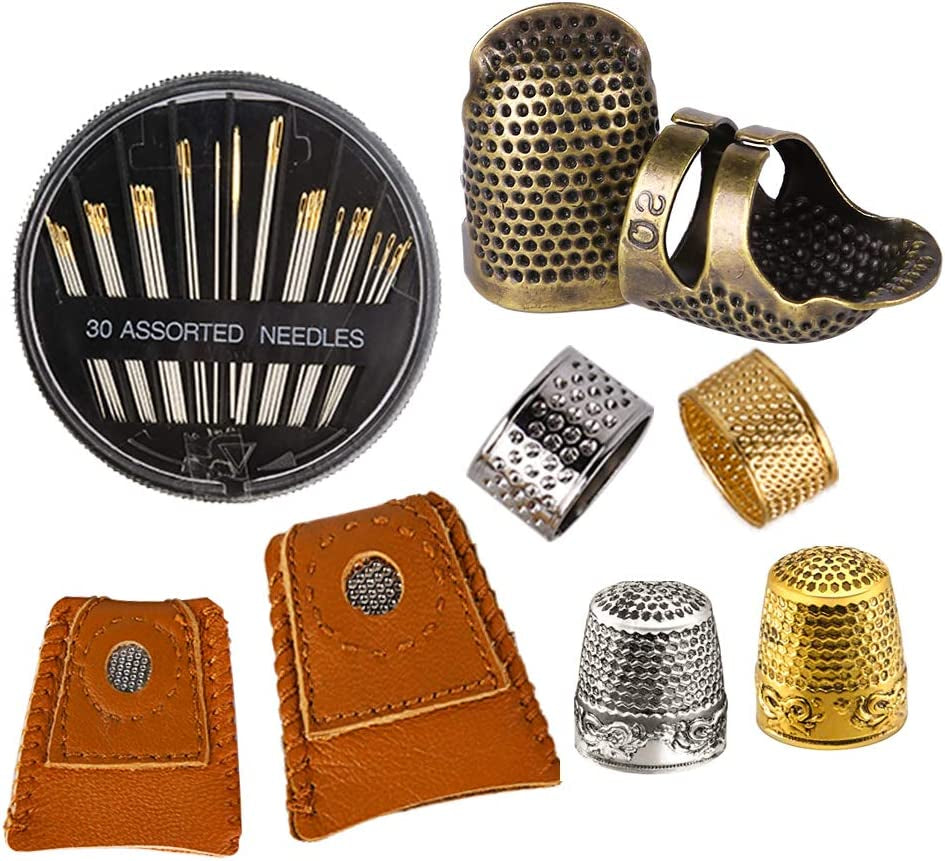 8 Pcs Sewing Thimble + 30 Pcs Sewing Needles, Finger Protector Fingertip Thimble Adjustable Metal Bronze Sewing Thimble Rings and Leather Coin Thimble for Needlework, Hand Embroidery Craft