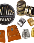 8 Pcs Sewing Thimble + 30 Pcs Sewing Needles, Finger Protector Fingertip Thimble Adjustable Metal Bronze Sewing Thimble Rings and Leather Coin Thimble for Needlework, Hand Embroidery Craft
