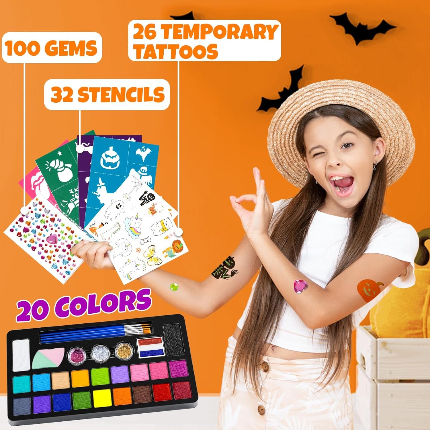 Face Painting Kit for Kids - 20 Colors Water Based Non Toxic Face Paint Kit, Professional Face Paint for Kids with Stencils &amp; Brushes - Parties, Birthdays, Halloween Face Body Makeup Kit