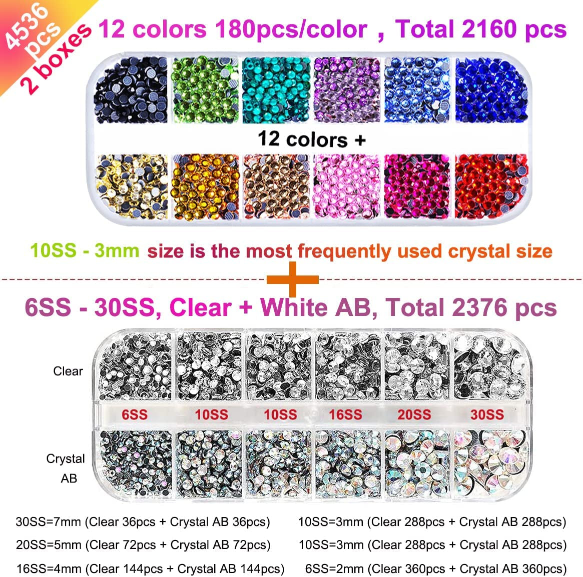 Hotfix Applicator, DIY Hot Fix Rhinestone Setter, Hot Fixed Wand Kit, 4536 Pcs, AB, Clear, 12 Colors, Gem Picker, Brush, Trays, Bag, Bedazzler Kit with Rhinestones