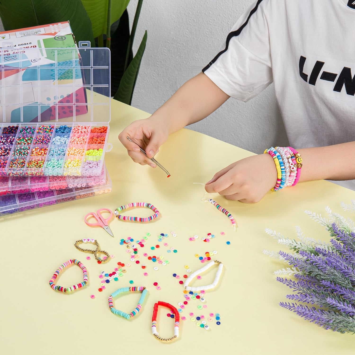21600 Pcs Clay Beads Bracelet Making Kit, 144 Colors 6 Boxes Polymer Heishi Clay Beads for Jewelry Making, Flat round Beads with Letter Beads Charms Elastic String Gifts for Kids Ages 6+