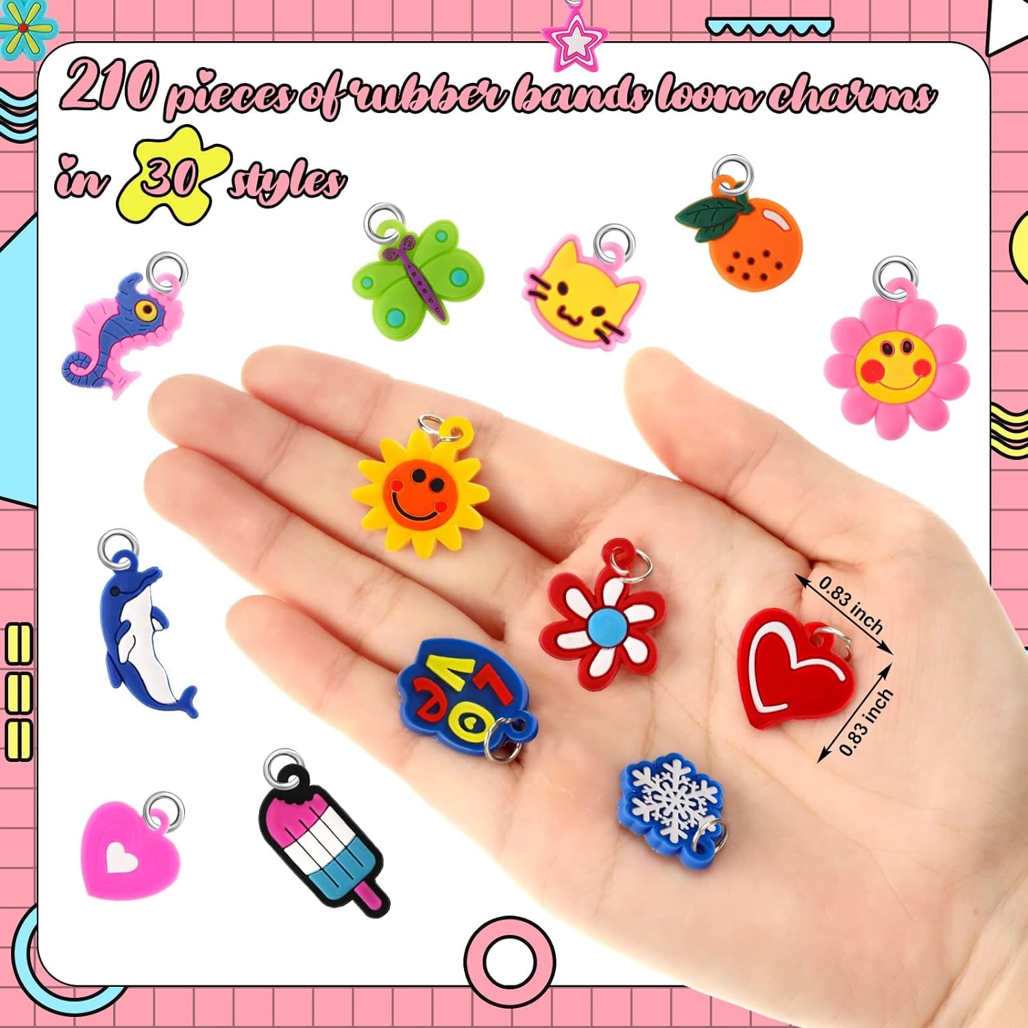 210 Pcs Silicone Bracelet Charms Rubber Bracelet Charms Small Bracelets Pendants Loom Pals Charms Loom Rubber Bands Making Kit for Jewelry Necklace DIY Charm Bracelets, 30 Styles