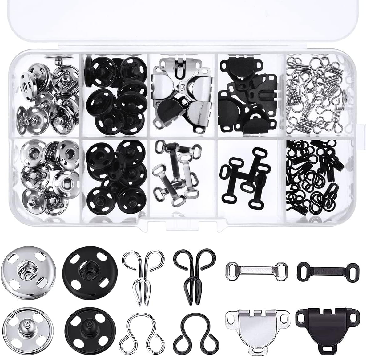 50 Pair Snaps for Sewing 3 Styles Hook and Eye Latch for Clothing Sewing Fixing Tools with Metal Sewing Buttons Fasteners Press Studs for Skirt Dress Bra Sewing DIY Crafting, 2 Colors (50)
