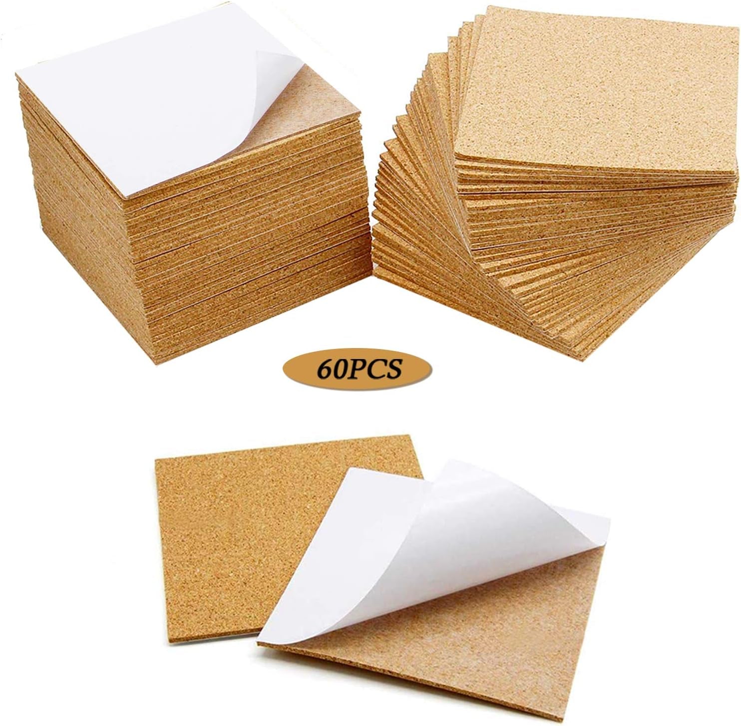 60Pcs Self Adhesive Cork Squares,  4 X 4 Inch Strong Cork Adhesive Sheets, Reusable Cork Board Cork Backing Sheets, Mini Wall Cork Tiles Mat for Coasters and DIY Crafts