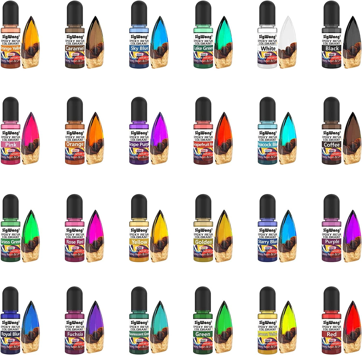 Epoxy Resin Pigment - 24 Colors Liquid Translucent Epoxy Resin Colorant, Highly Concentrated Dye for DIY Jewelry Making, Paint, Craft - 6Ml Each, with 6 Colors Resin Glitter