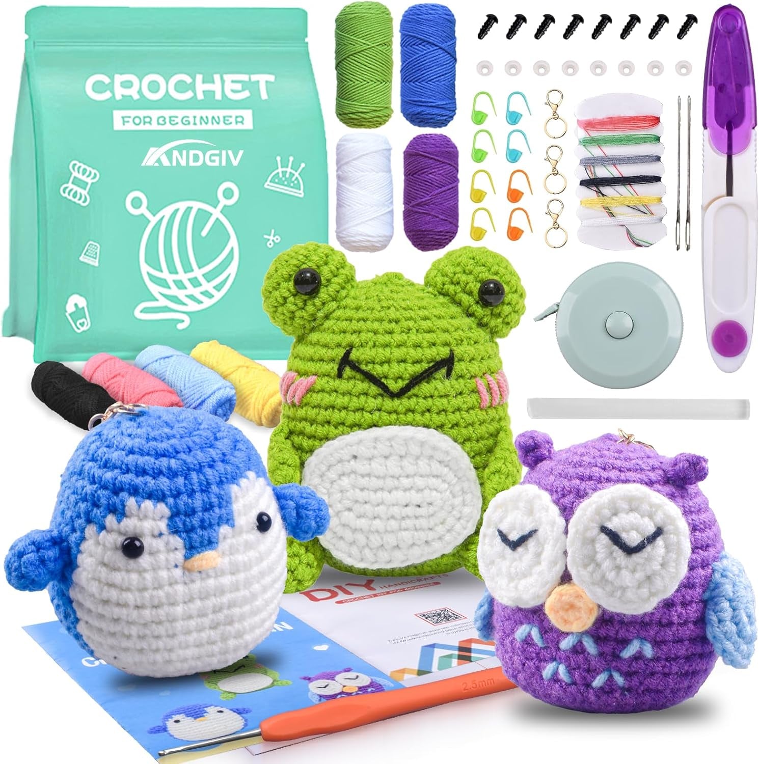 Crochet Kit for Beginners Kids Adults - Amigurumi Crocheting Animal Kits, Beginner Knitting Set DIY Art Craft, 3 Pattern Owl, Penguin, Frog, Easy to Learn Tutorials, Yarns, Hook, for Girls Age 12+
