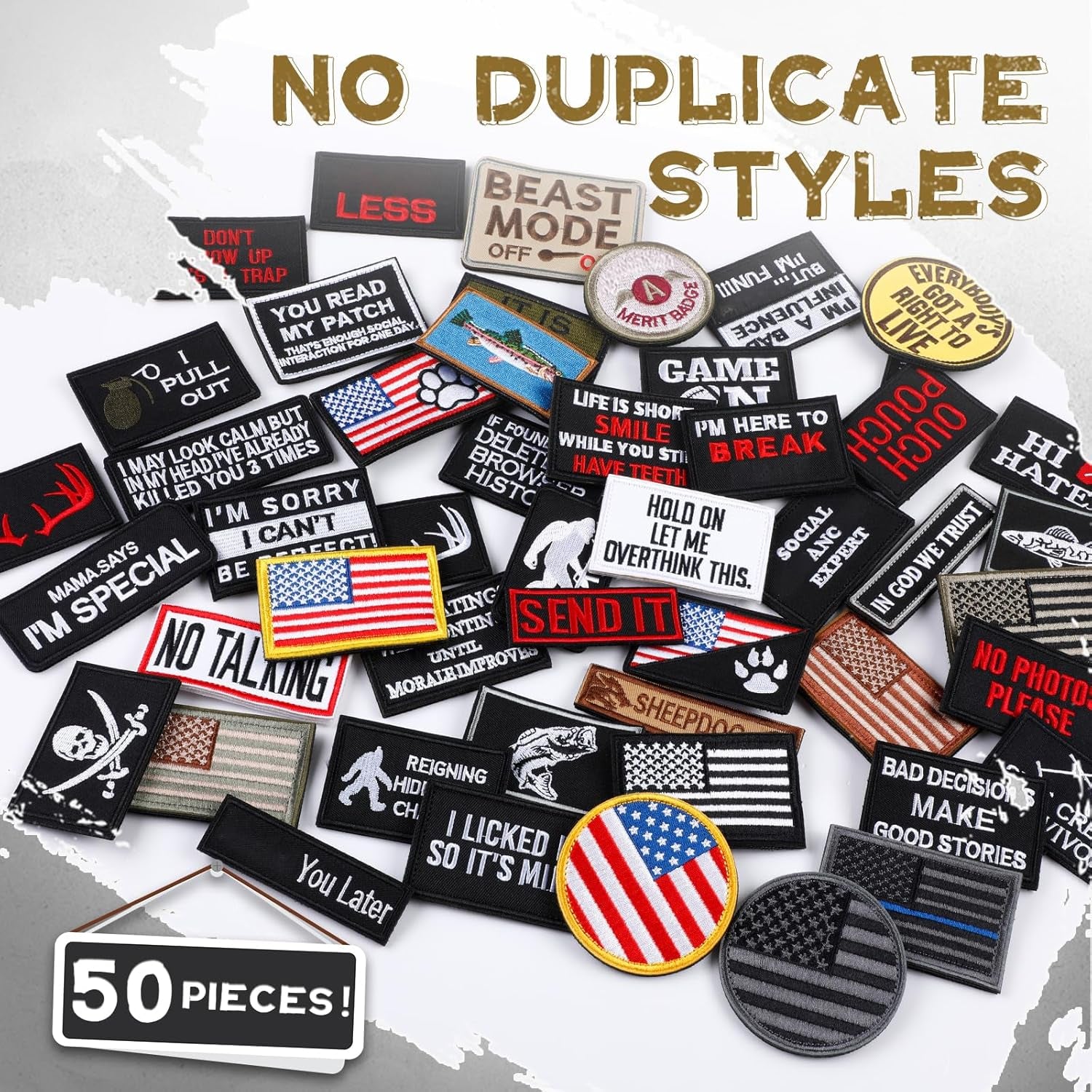 50 Pcs Random Funny Tactical Military Patches Set Tactical Flag Patch Bundle Army Patch Loop and Hook Patches Full Embroidered Appliques for Caps Tactical Vest Jackets Bags Backpacks
