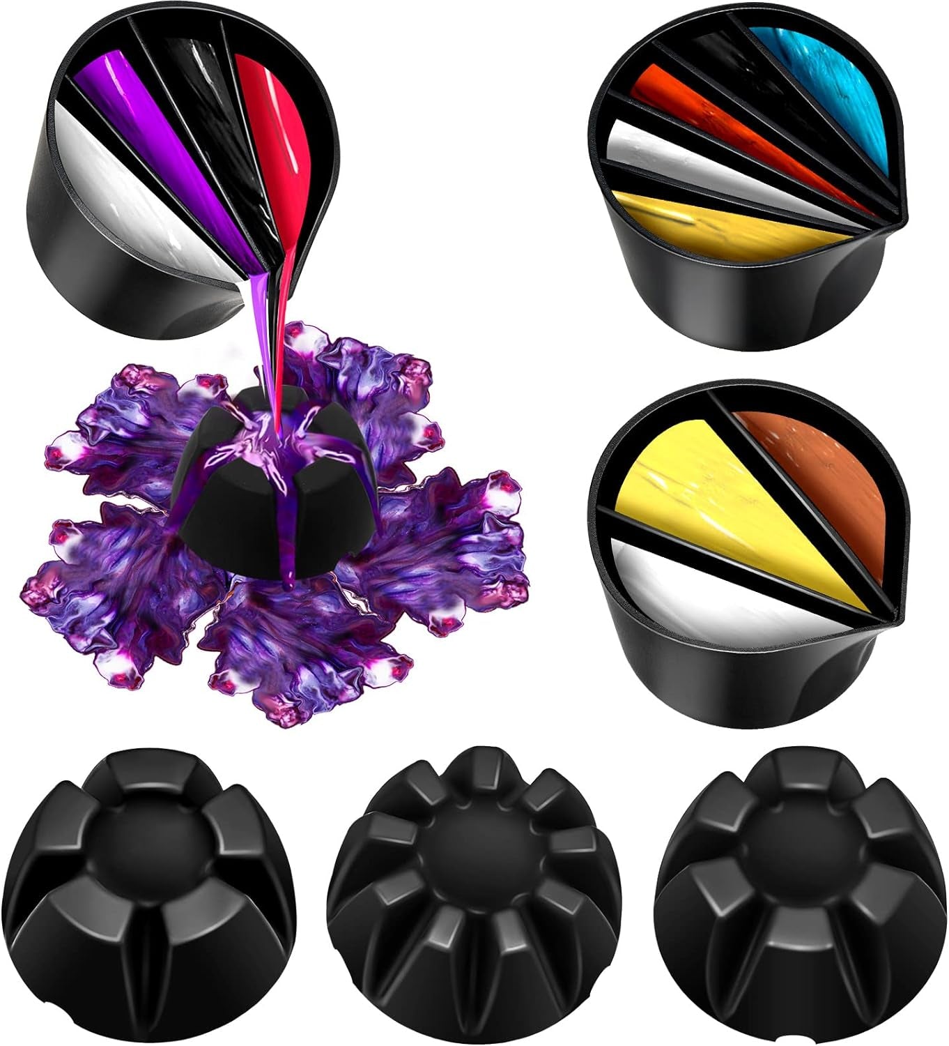 6 Pieces Split Cups for Paint Pouring Supplies Silicone Split Cups Acrylic Paint Mixing Cups 3/4/5 Channels Dividers Paint Pouring Supplies Resin Art Crafts DIY Drawing Tools