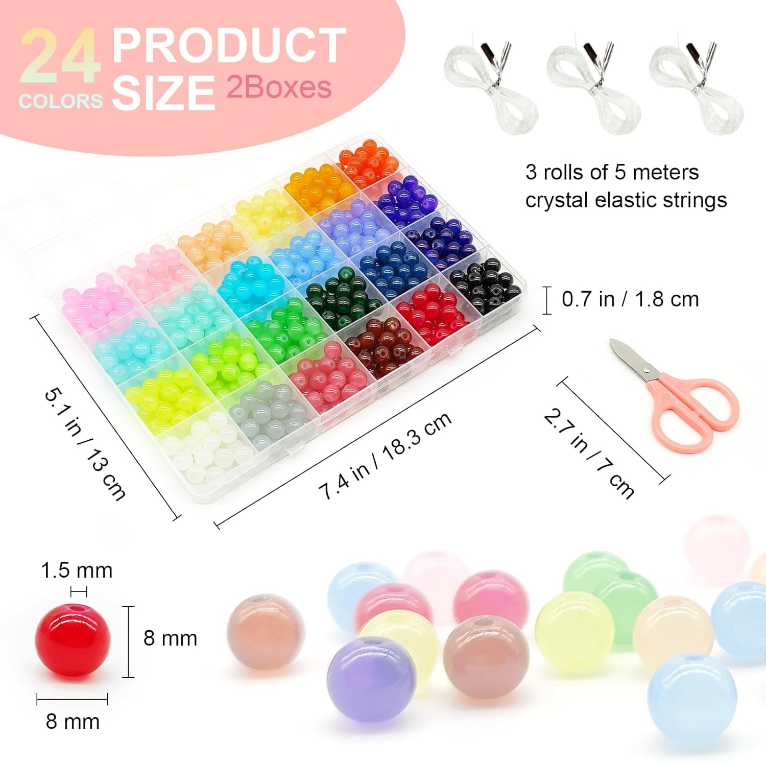 1200Pcs 8Mm Glass Beads for Bracelets Making, 24Colors Crystal Glass Beads Jewelry Making Kit, round Beads for DIY Bracelet Crafts