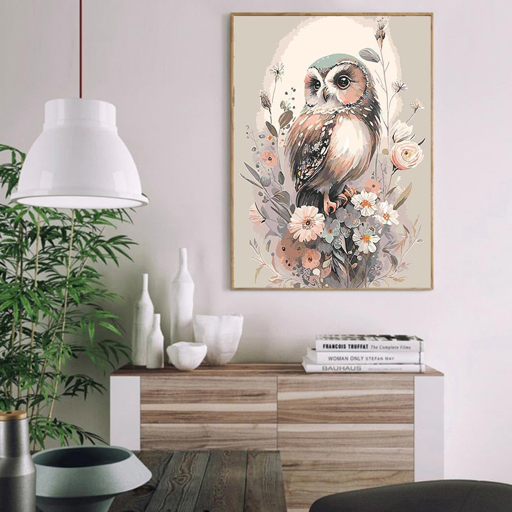 Owl Paint by Number for Adult Kit, DIY Acrylic Paint by Numbers for Adults Beginner, Owl and Flowers Oil Painting by Number on Canvas for Home Wall Decor 16X20Inch