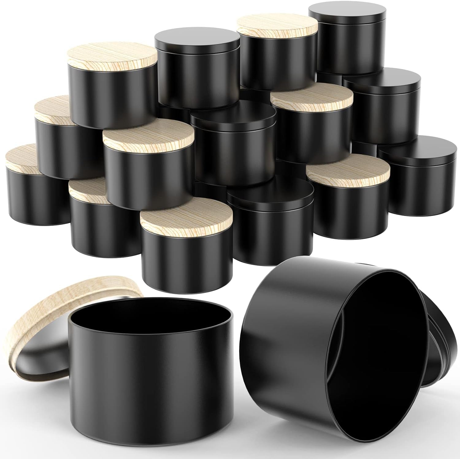 Upgraded 24 Pack Candle Tins 8 Oz with Lids, Bulk Empty Candle Jars for Making Candles, Premium Metal Candle Containers, round Candle Vessels Kit for Adults DIY Candle Making (Black and Wood Grain)