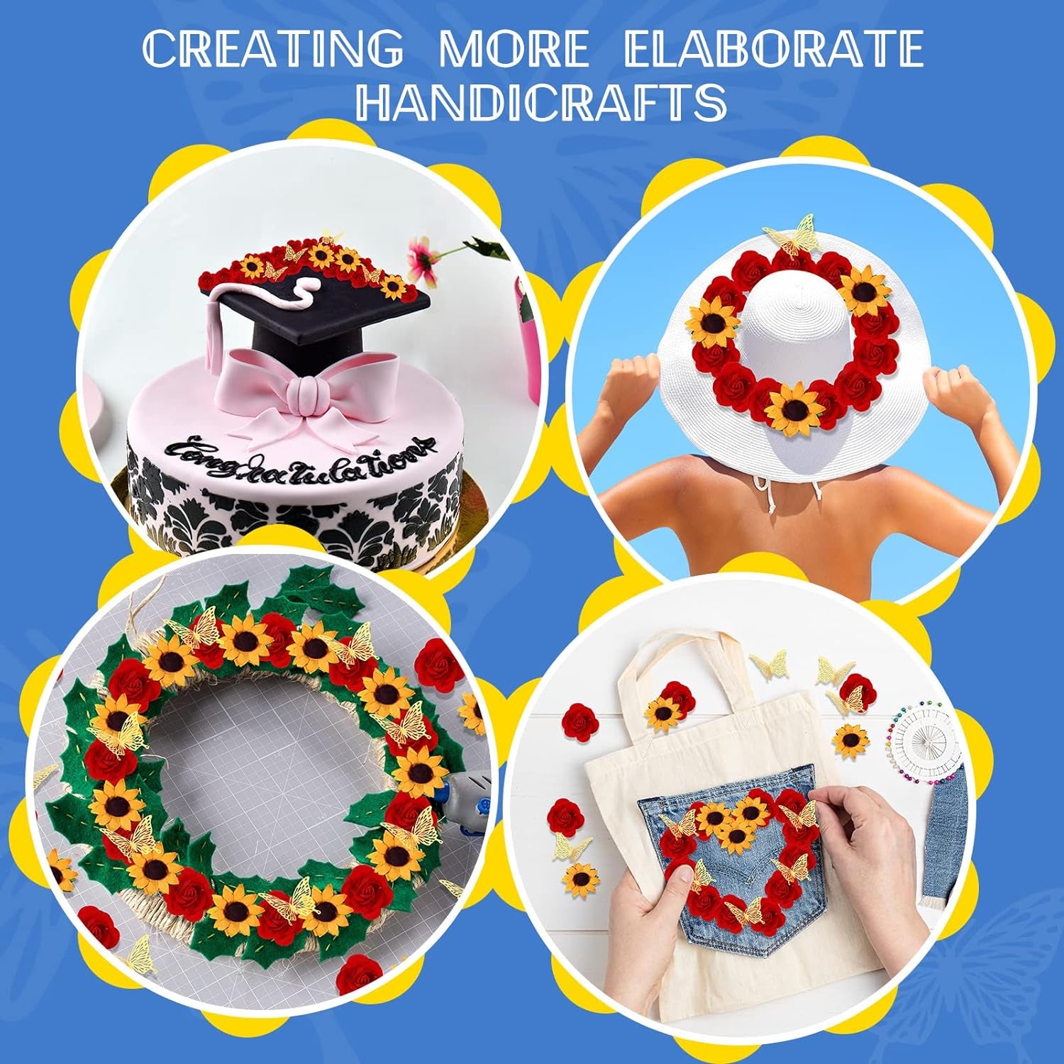 30 Pcs Stick Flat Back Roses Floral Stickers Adhesive Backed Roses Yellow Sunflower Heads 3D Butterfly Stickers for Graduation Cap Decoration Home Decor Craft Art Decor