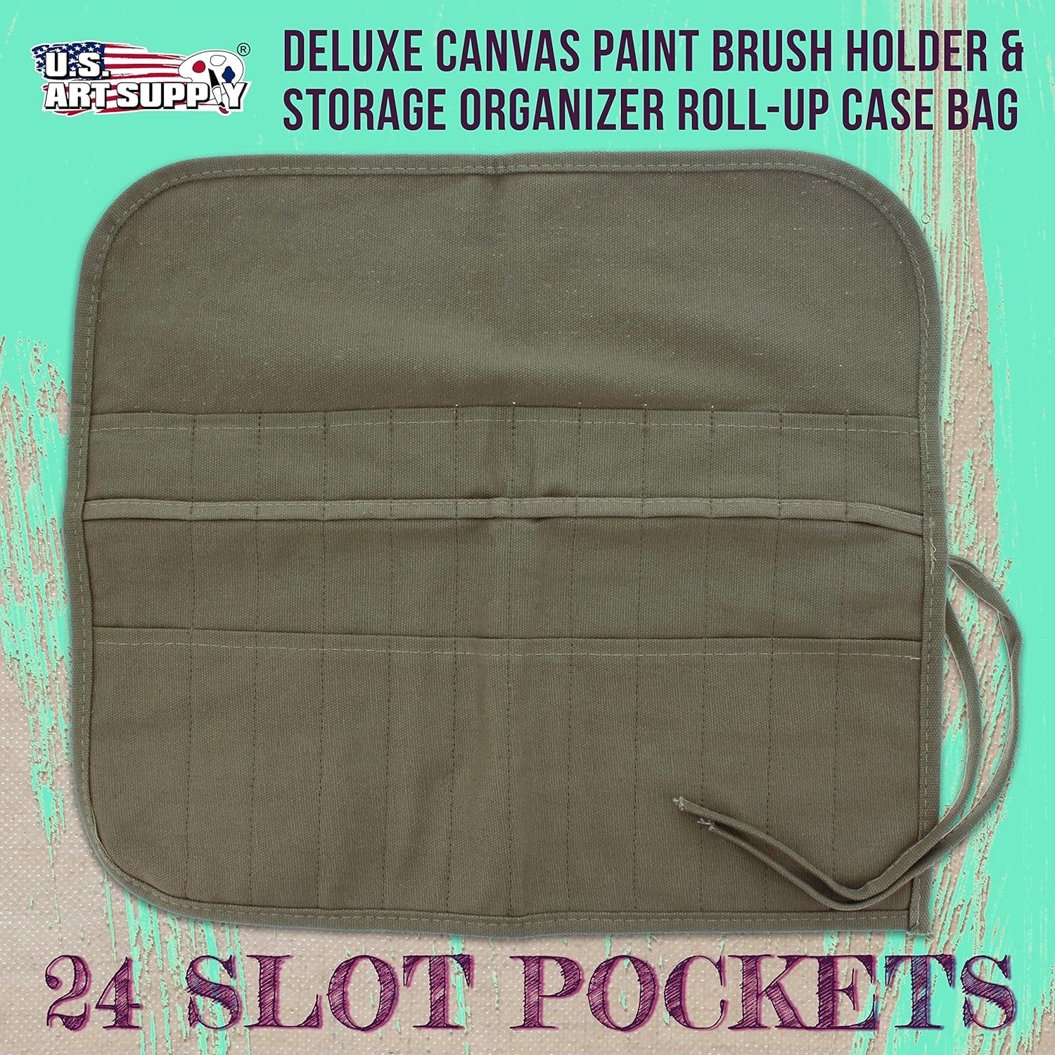 Deluxe Canvas Art Paint Brush Holder & Storage Organizer Roll-Up Case Bag - 24 Slot Pockets Carry Pouch - Protect Artist Acrylic Oil Watercolor Paintbrushes - Store Pencils, Pens Tools